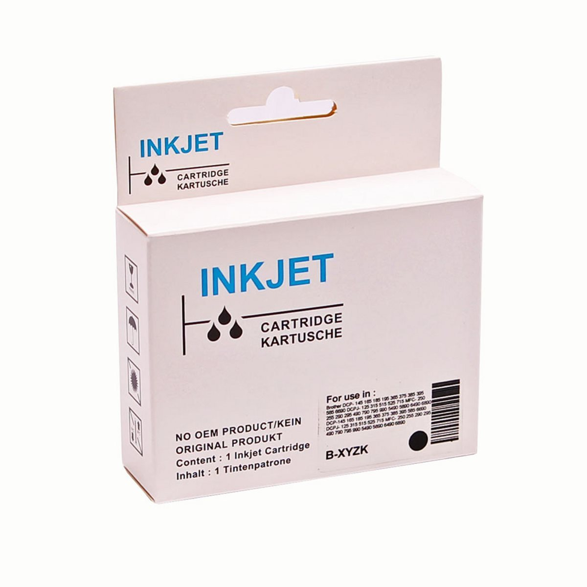 Weiße Tintenpatronenbox mit schwarzem Text. Tropfensymbol. 'Patrone' auf Englisch und Deutsch.