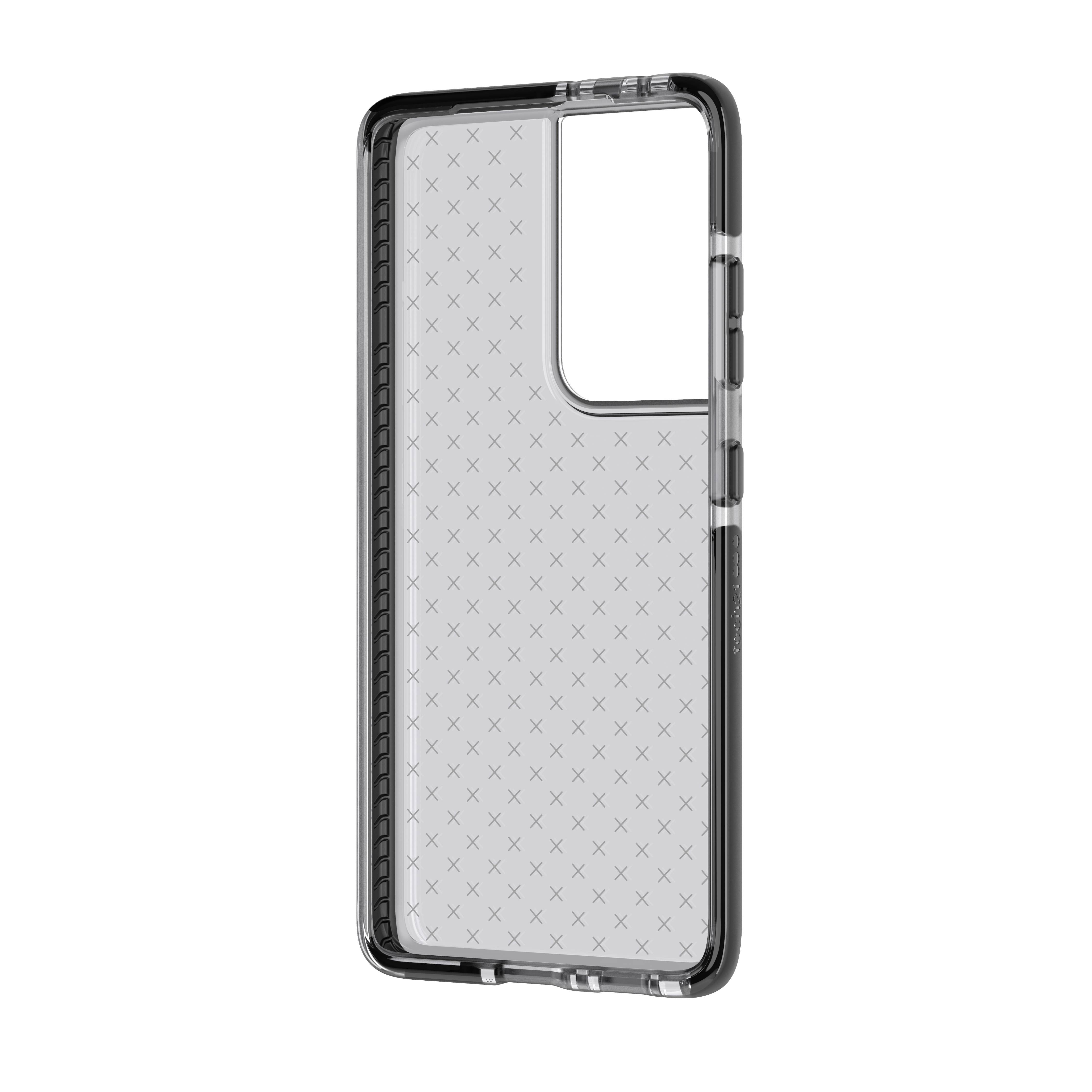 Eine klare Handyhülle auf schwarzem Hintergrund. Die Hülle ist transparent mit einem x-Muster.