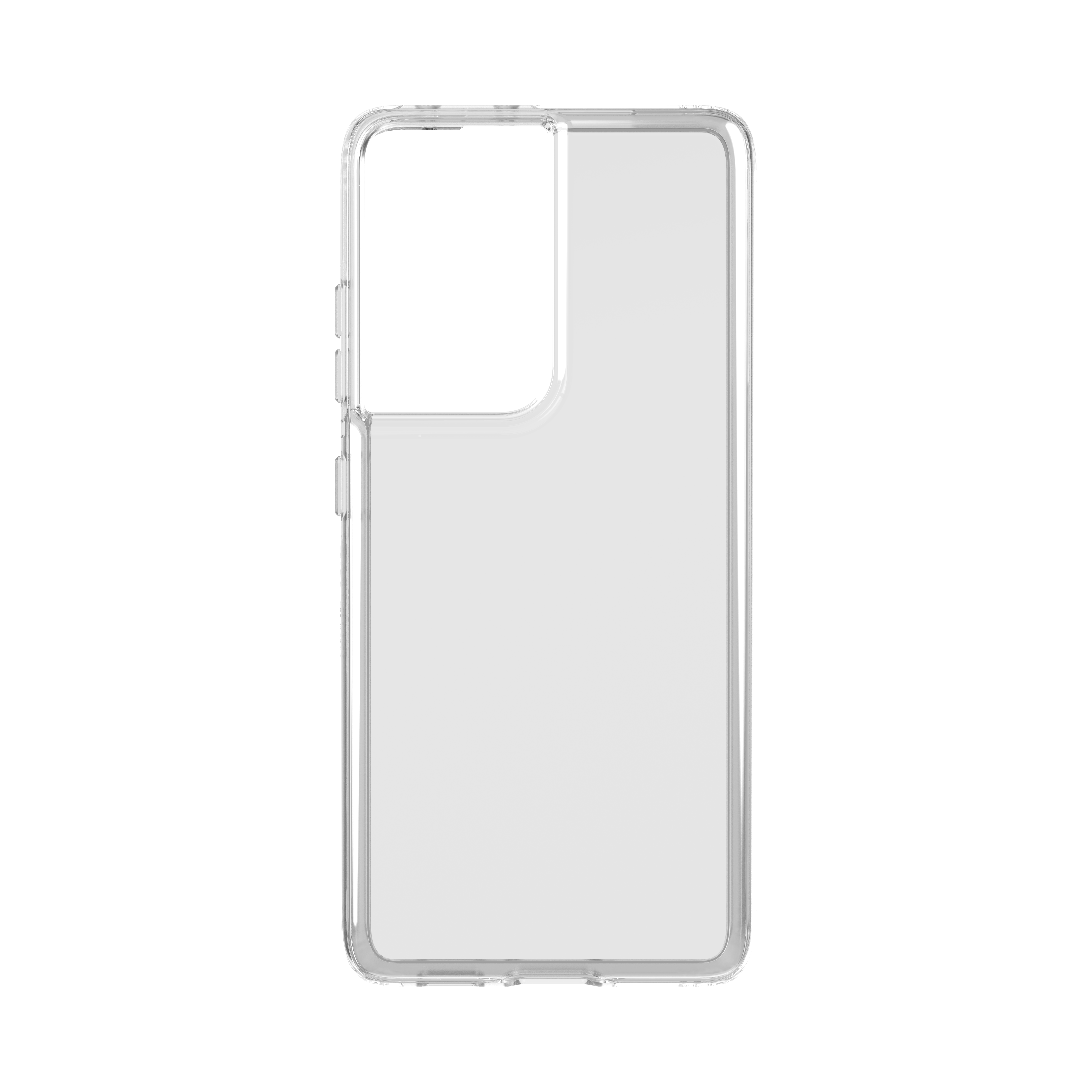 Transparente Handyhülle mit schwarzem Hintergrund. Die Hülle ist transparent und zeigt den Umriss des Telefons.