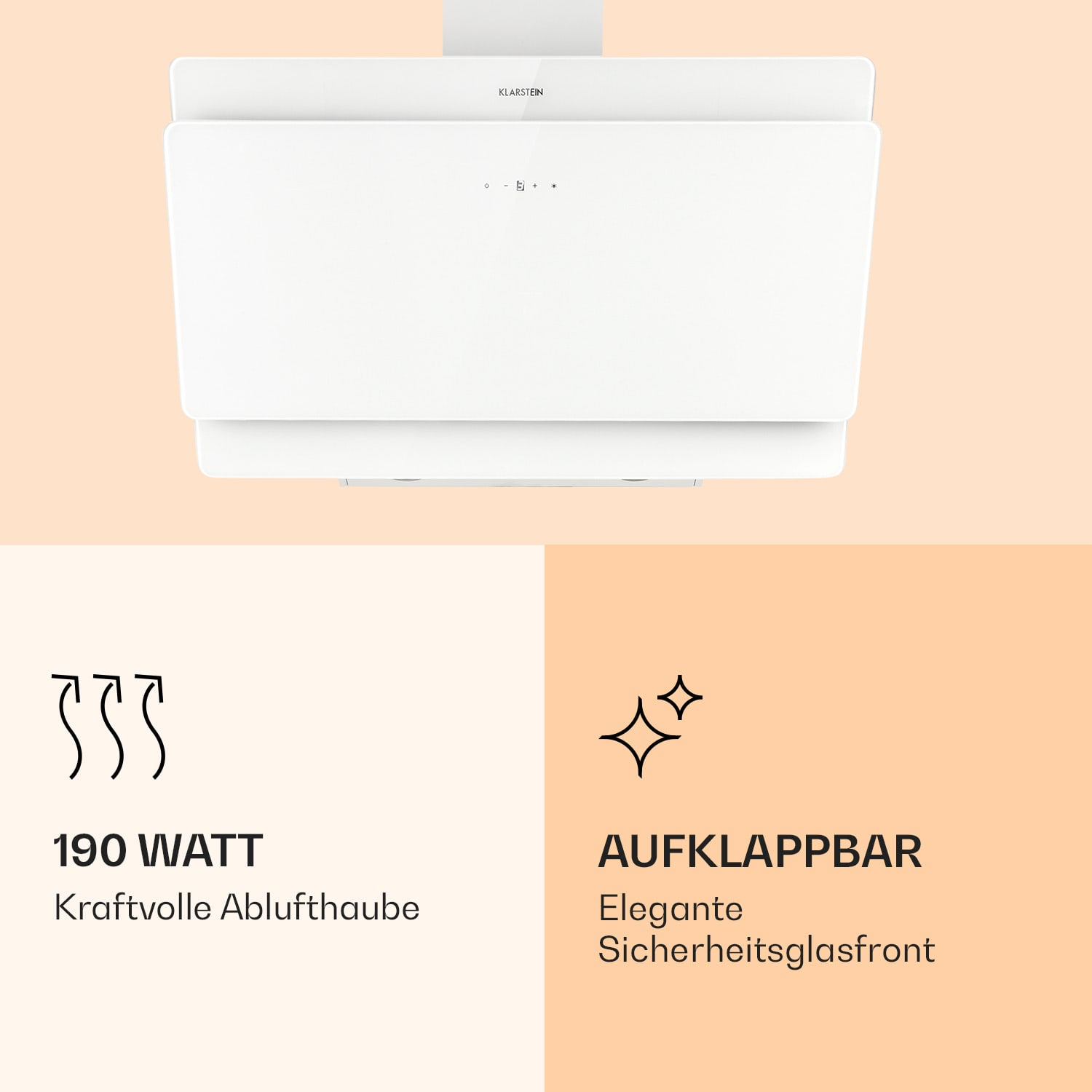 Eine weiße Dunstabzugshaube mit Text und Symbolen auf pfirsichfarbenem Hintergrund.