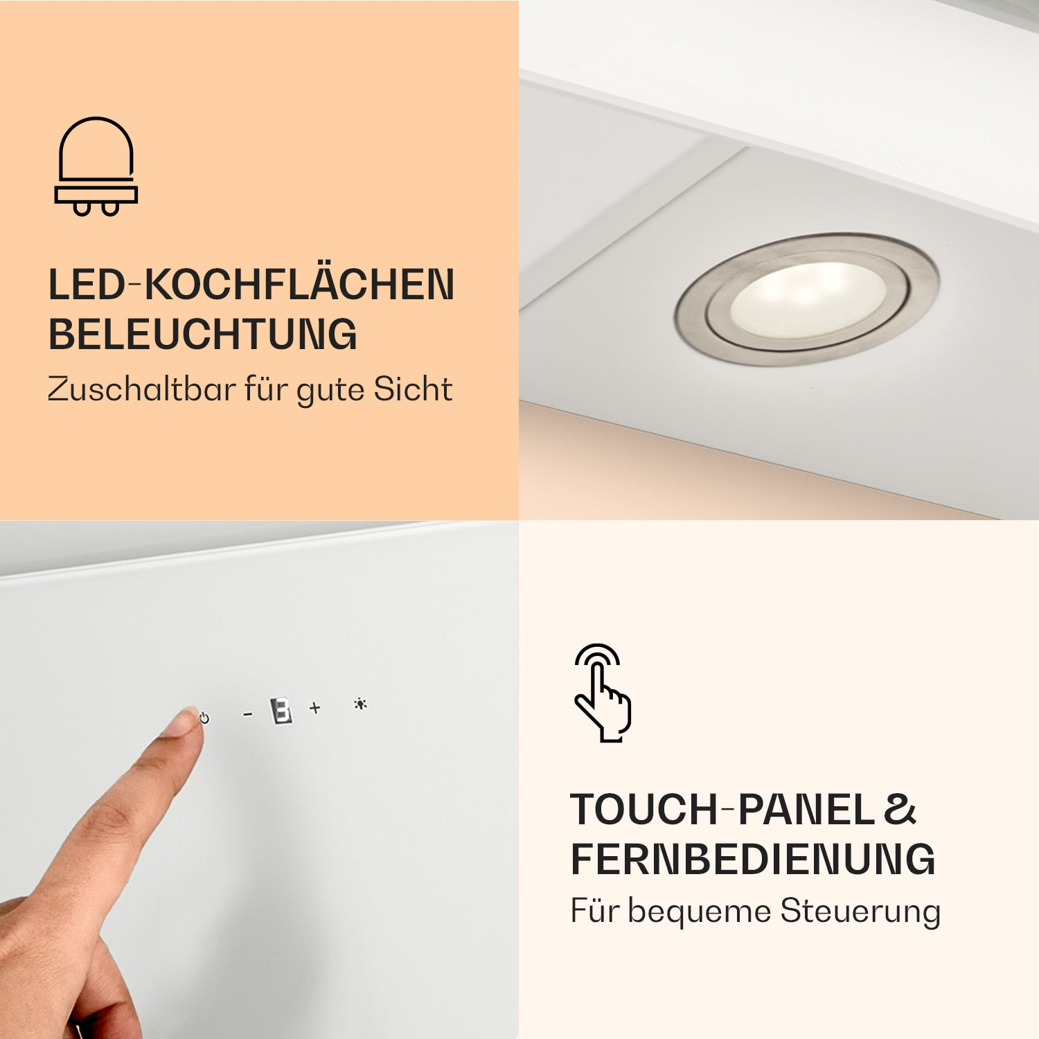 Vierteiliges Bild, das eine weiße Küchenhaube mit Touchpanel, Beleuchtung und Bedienelementen zeigt.