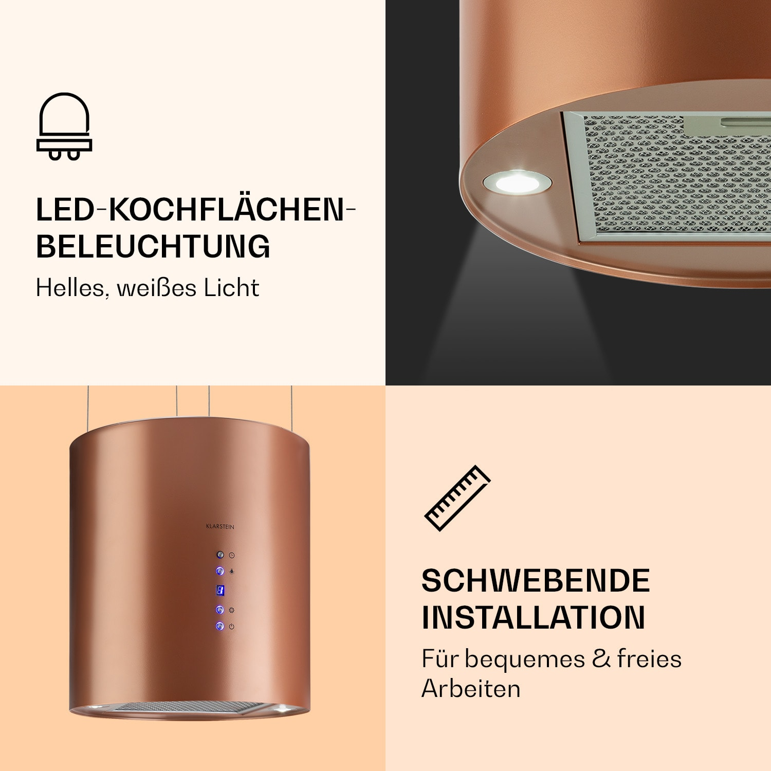 Eine kupferfarbene Dunstabzugshaube mit LED-Leuchten und Text auf Englisch und Deutsch.