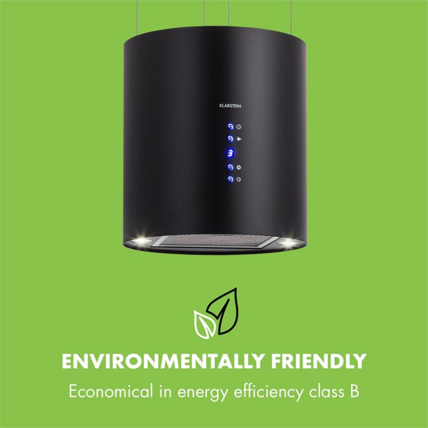Schwarze Dunstabzugshaube auf grünem Hintergrund. Text: Umweltfreundlich. Energieeffizienzklasse B.