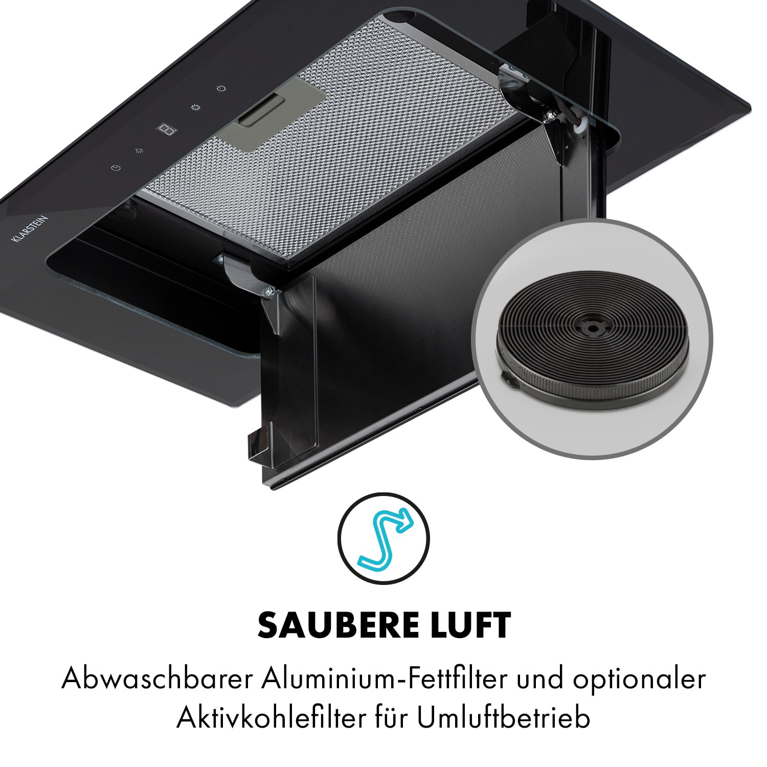 Schwarze Dunstabzugshaube, zeigt Filter und Text über saubere Luft und Aktivkohlefilter.