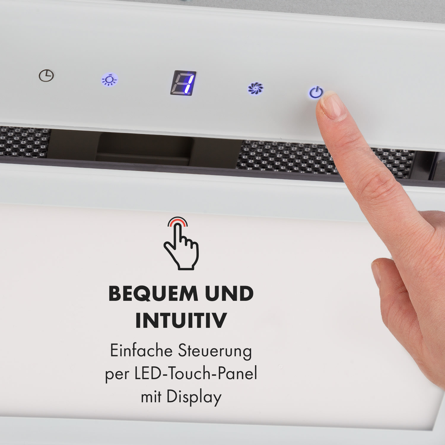 Ein weißes Gerätepaneel mit einem Finger, der eine Taste drückt, und Text darunter.