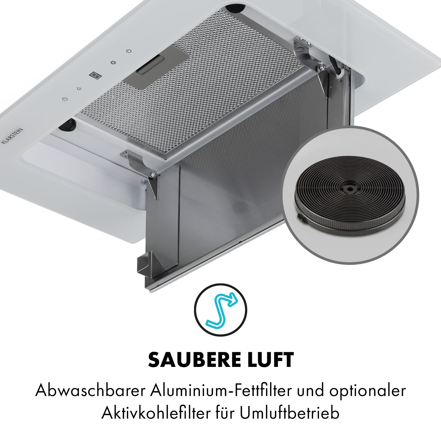 Eine weiße Dunstabzugshaube mit Metallfilter und einem runden Aktivkohlefilter.