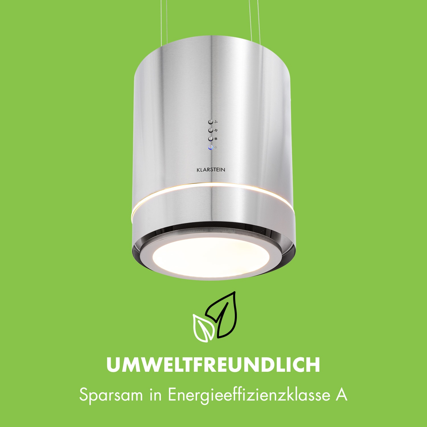 Una cappa in acciaio inox appesa al soffitto su sfondo verde.