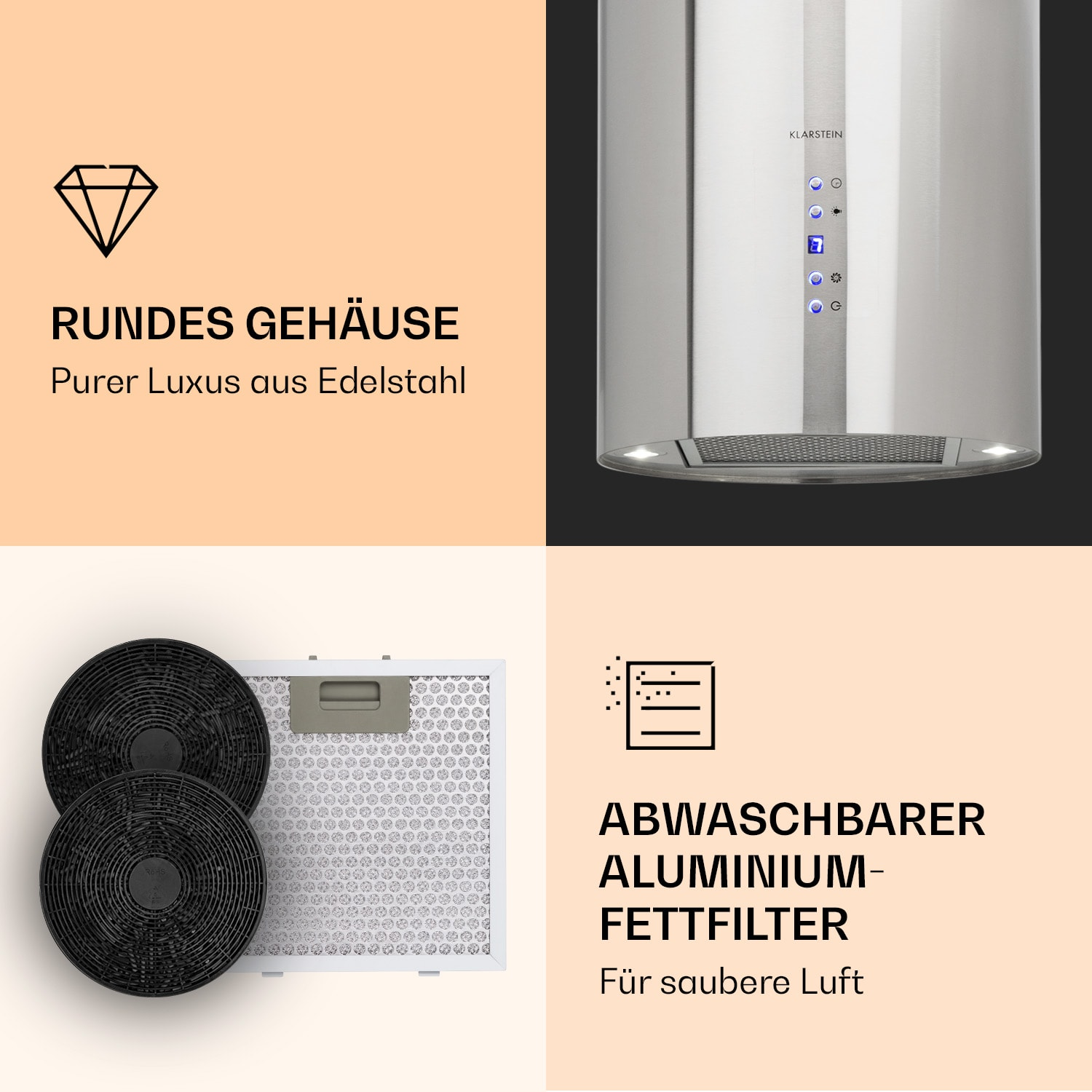Edelstahlhaube, zwei Aktivkohlefilter und Text über Eigenschaften, mit Diamant- und Filter-Icons.