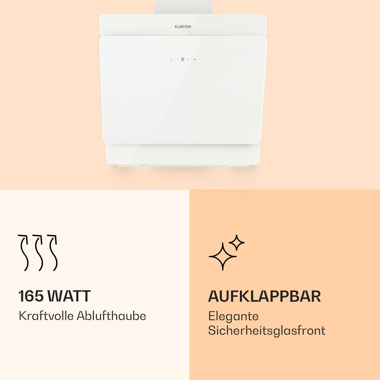 Weiße Dunstabzugshaube mit Symbolen und Text. Die Dunstabzugshaube befindet sich auf hellrosa Hintergrund.