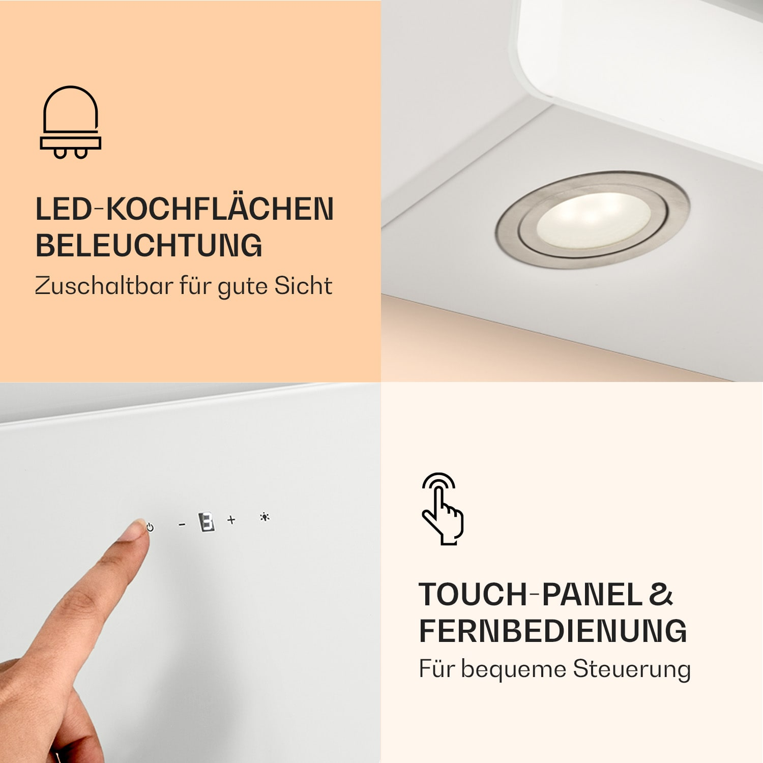 Nahaufnahme, weiße Dunstabzugshaube mit LED-Leuchten, Touchpanel und Bedienelementen.
