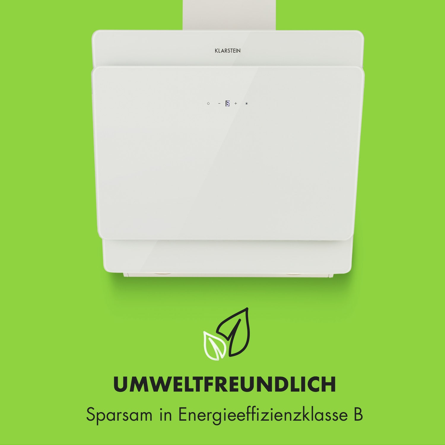 Weiße Dunstabzugshaube mit Text zur Energieeffizienz auf grünem Hintergrund.