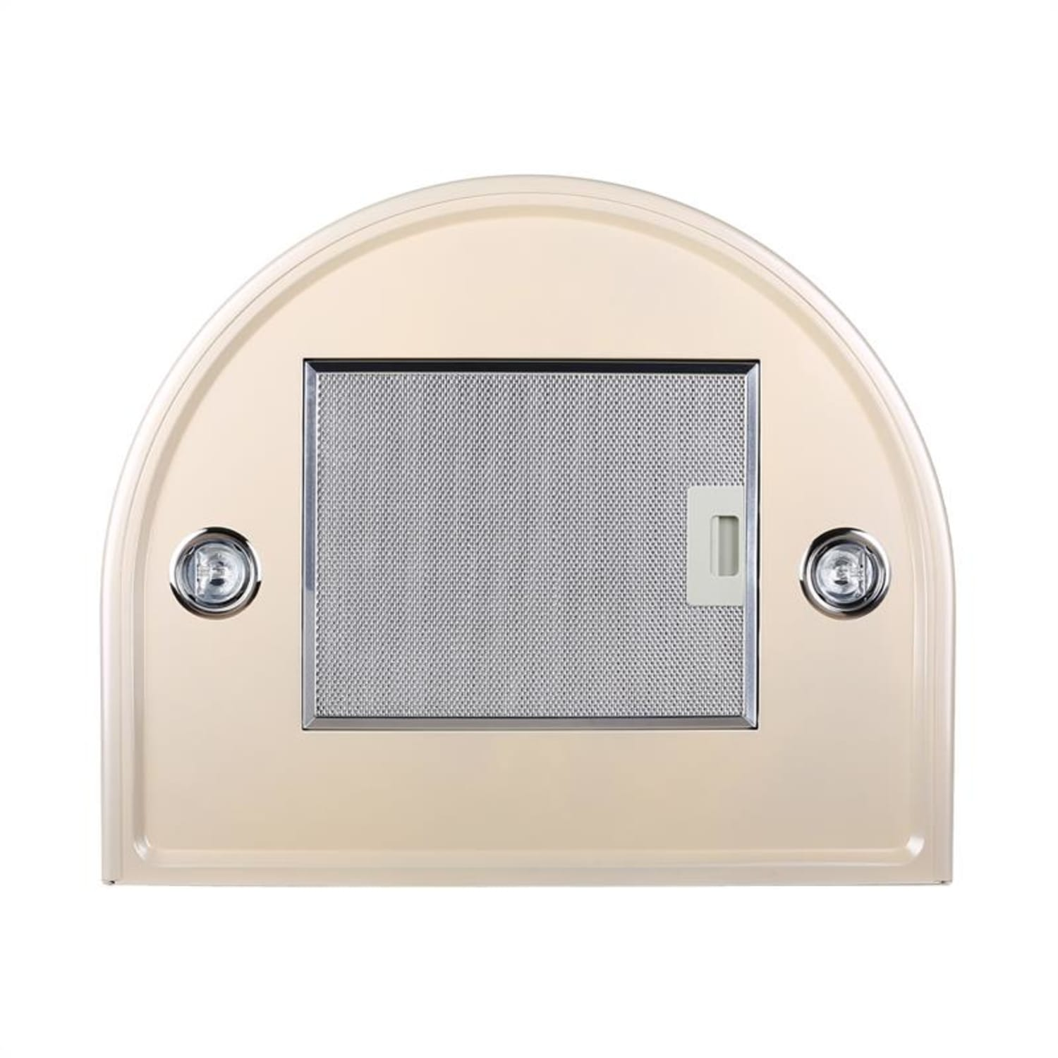 Cappa beige con filtro metallico, due luci e forma arrotondata.