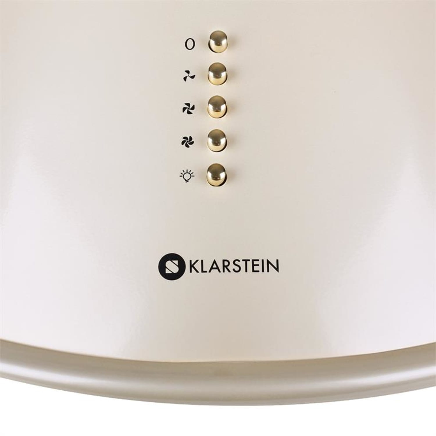 Primo piano di un pannello di controllo con pulsanti dorati. Il pannello dice Klarstein. Ci sono simboli di ventola e luce.
