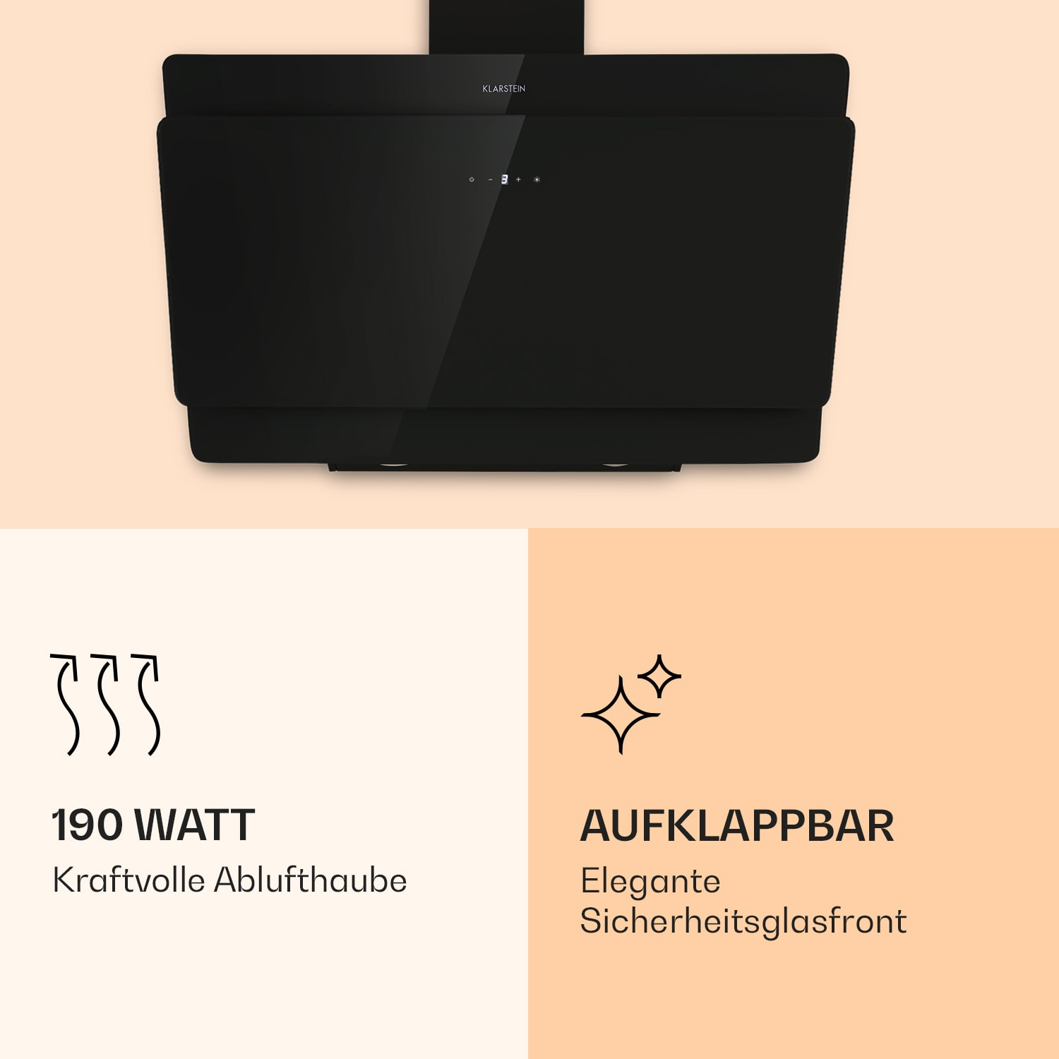 Eine schwarze Dunstabzugshaube mit Touch-Display und Text zu Watt und Funktionen.