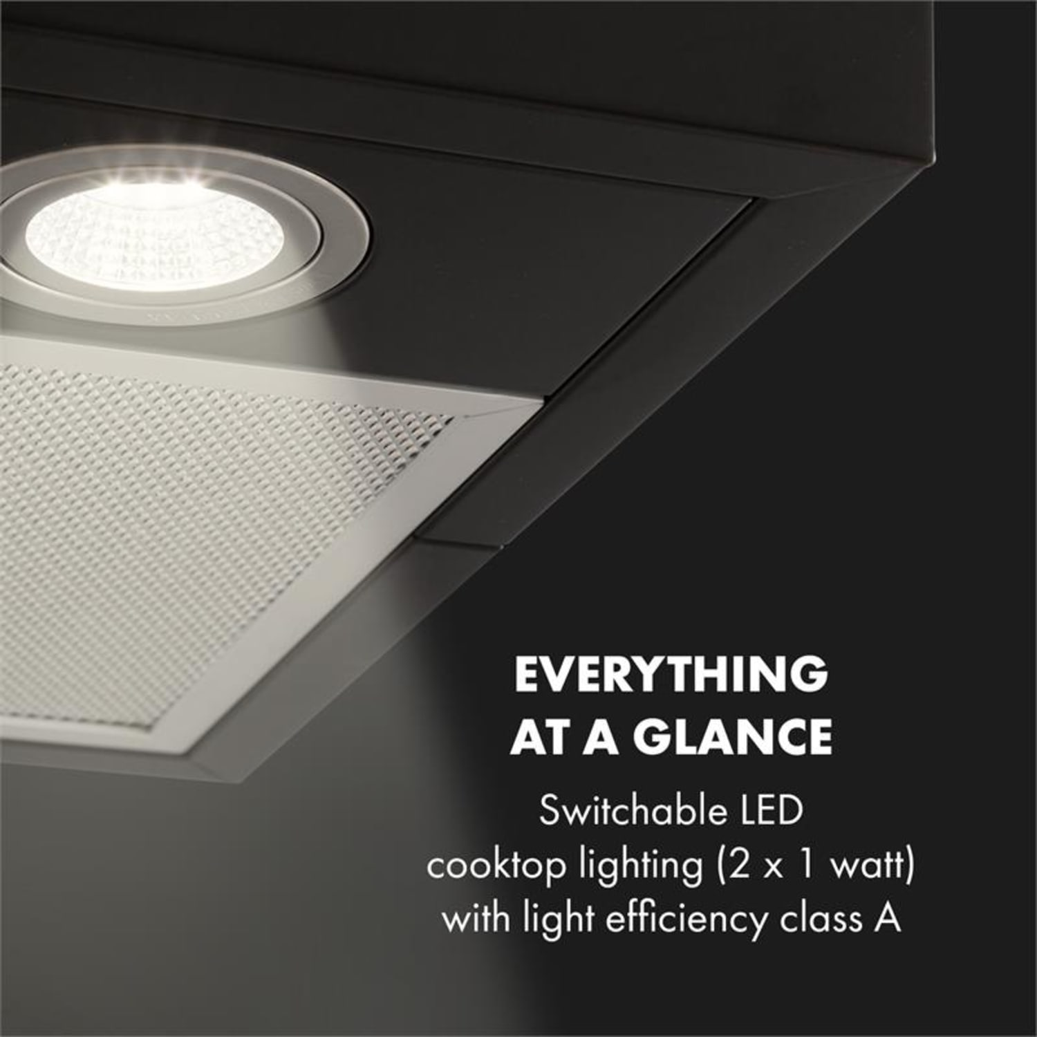 Primo piano di una moderna cappa con luce LED brillante.