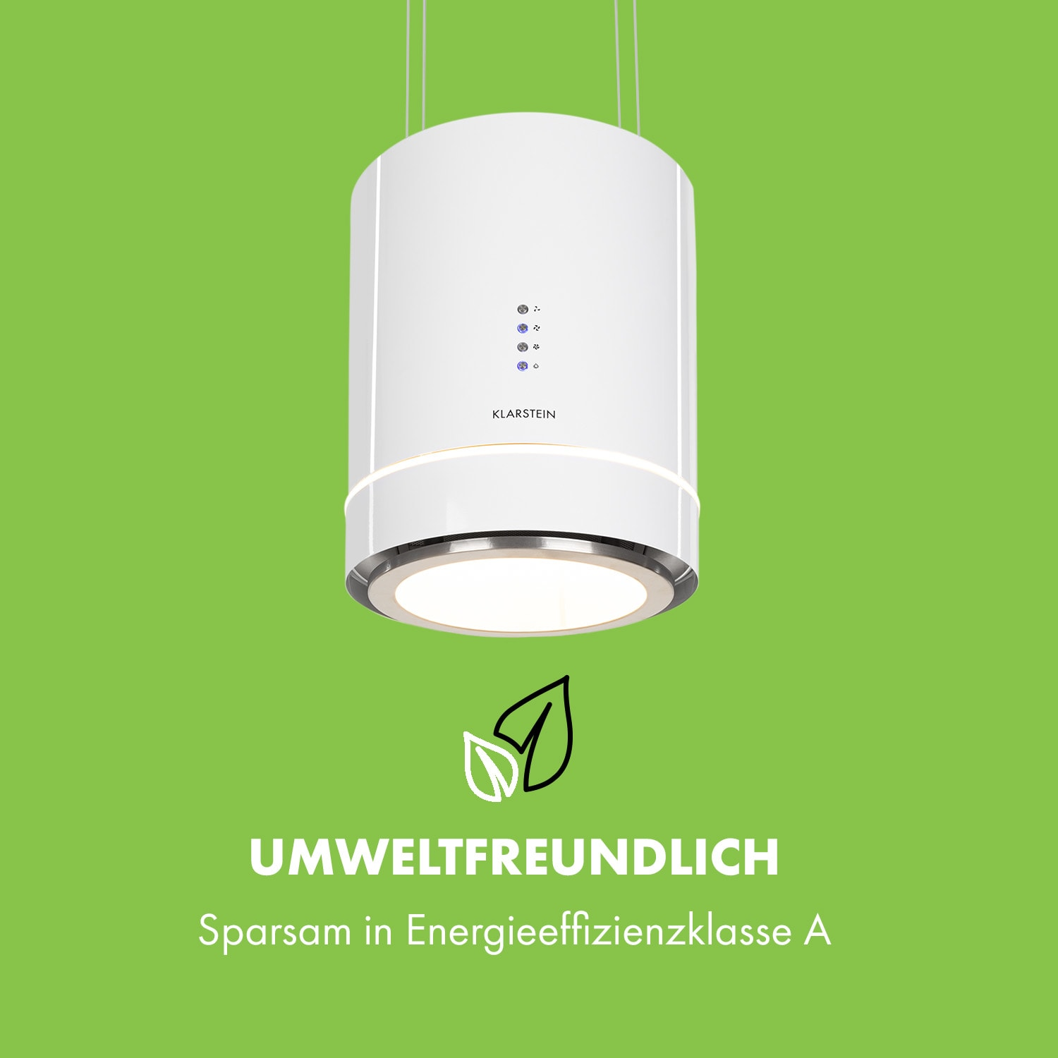 Weiße Dunstabzugshaube, die von der Decke hängt. Grüner Hintergrund, umweltfreundlicher Text.