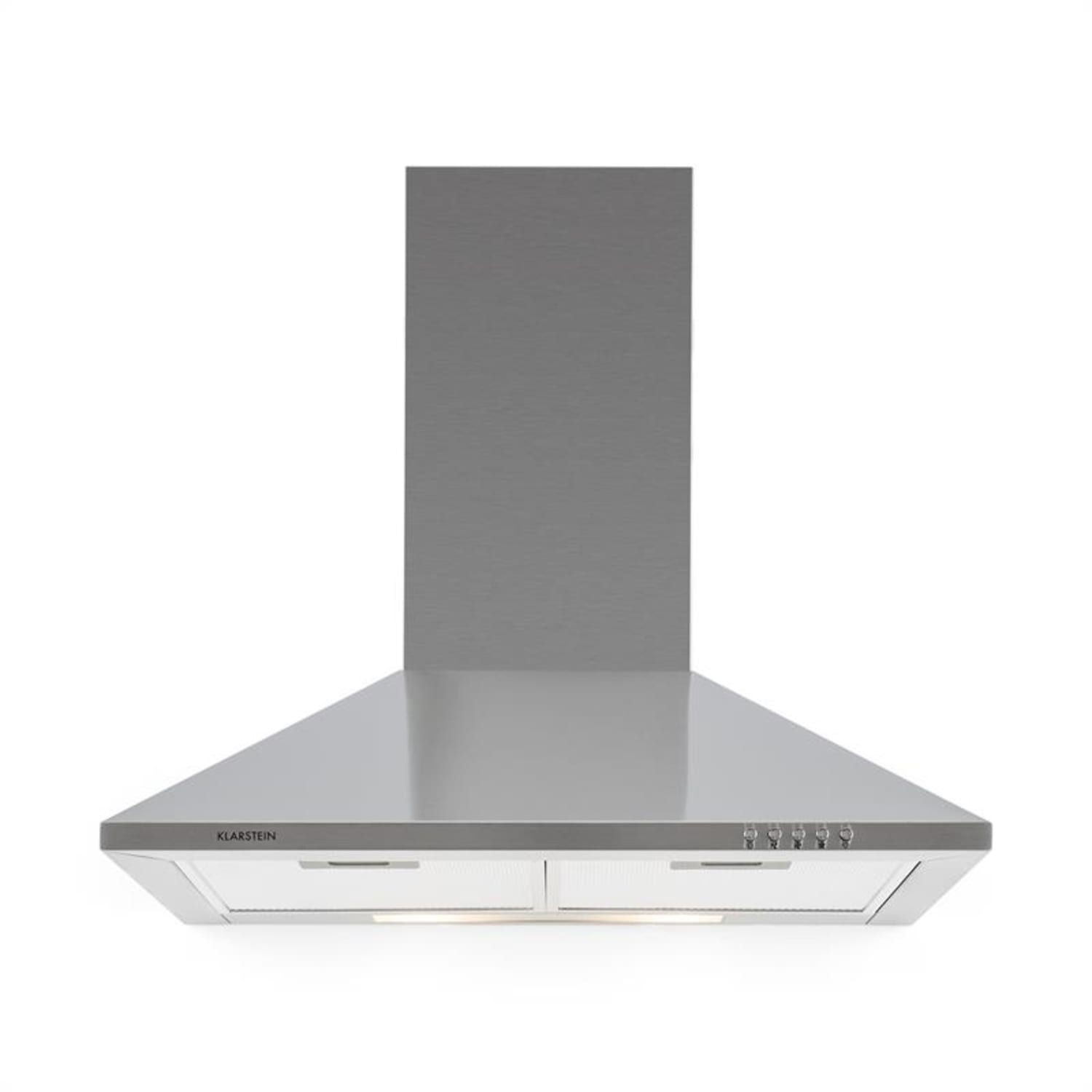 Una campana extractora de acero inoxidable sobre un fondo blanco. Tiene controles táctiles y dos luces.
