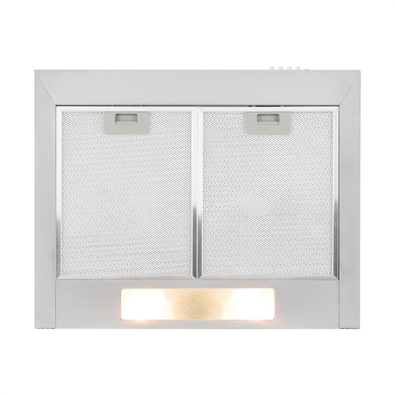 Campana extractora de acero inoxidable con dos filtros de malla y luz rectangular.