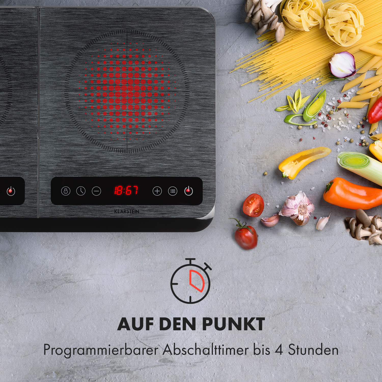 Schwarzes Induktionskochfeld mit roten Hitzeanzeigen, Timeranzeige. Zutaten an der Seite. Text: Auf den Punkt.