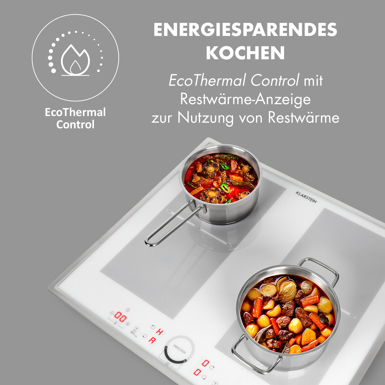 Ein weißes Induktionskochfeld mit zwei Töpfen, Text über energiesparendes Kochen, auf grauem Hintergrund.