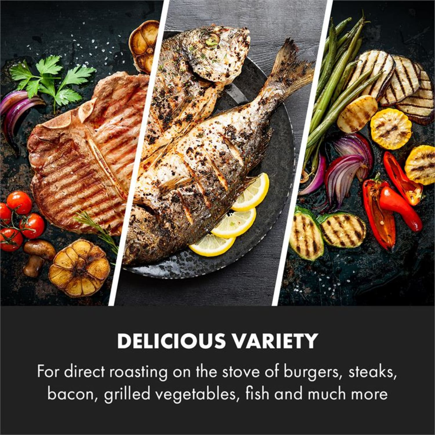 Gegrillte Speisevielfalt: Steak, Fisch, Gemüse. Lecker Vielfalt Textüberlagerung.