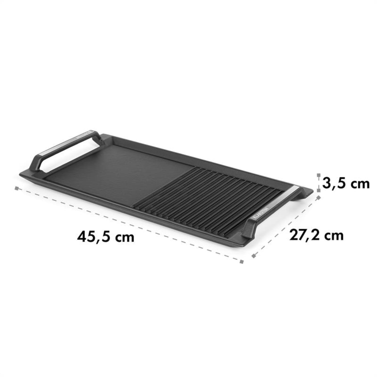 Schwarze Grillplatte. Sie hat einen Griff und Maßangaben: 45,5 cm, 27,2 cm und 3,5 cm.