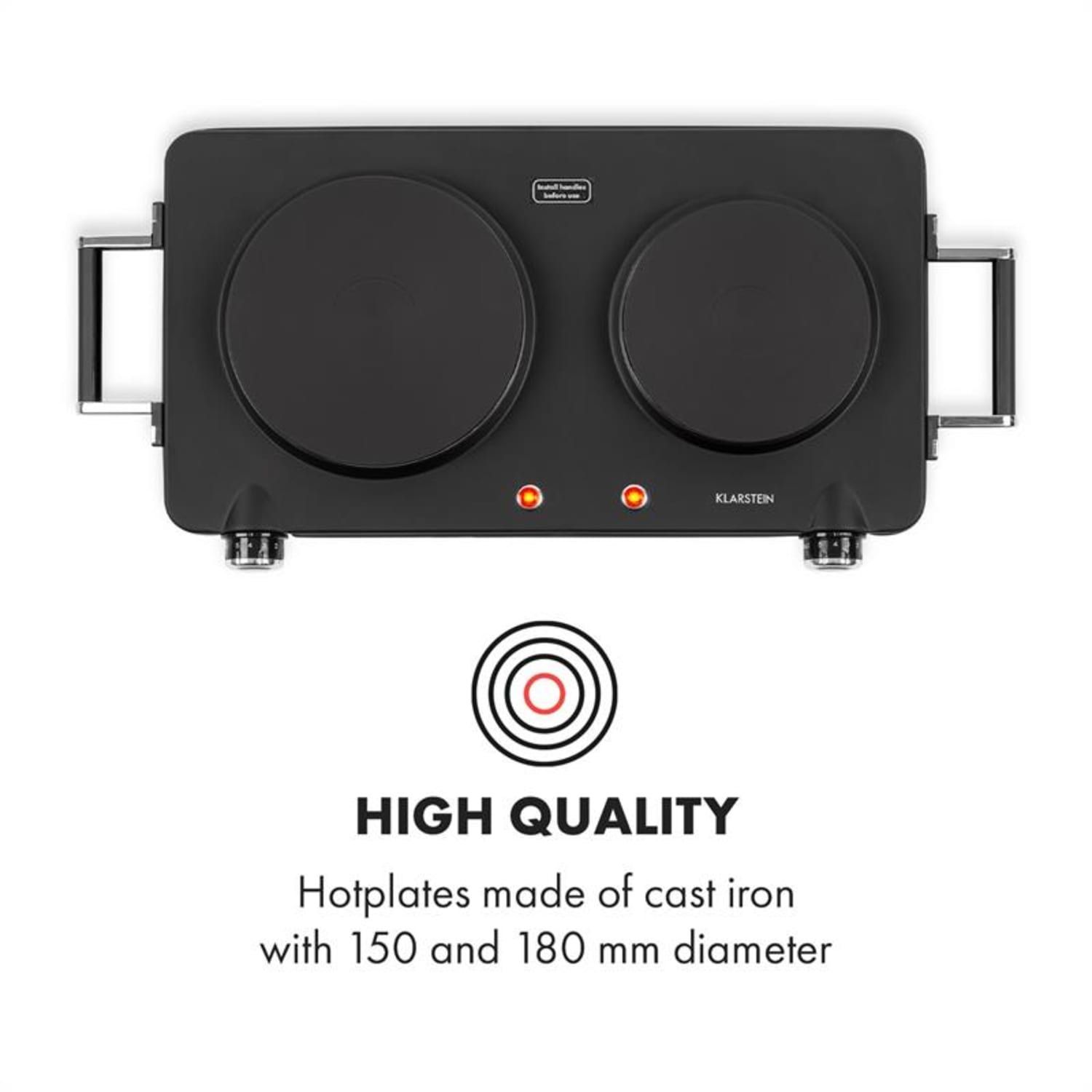 Piastra a doppia piastra nera, due bruciatori, con spie rosse e testo 'HIGH QUALITY'.