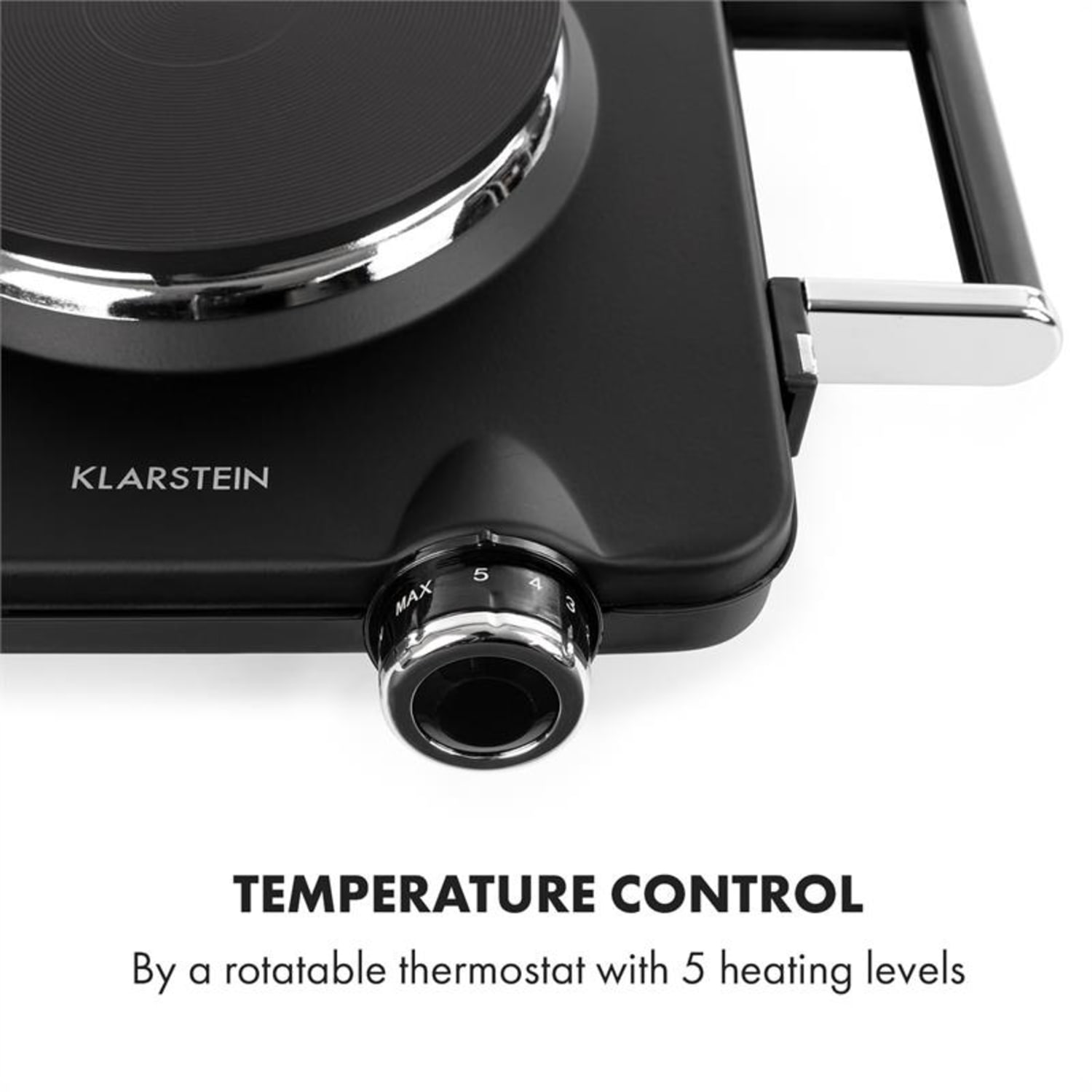 Piastra elettrica nera con manopola per il controllo della temperatura. Testo: Controllo temperatura a 5 livelli.