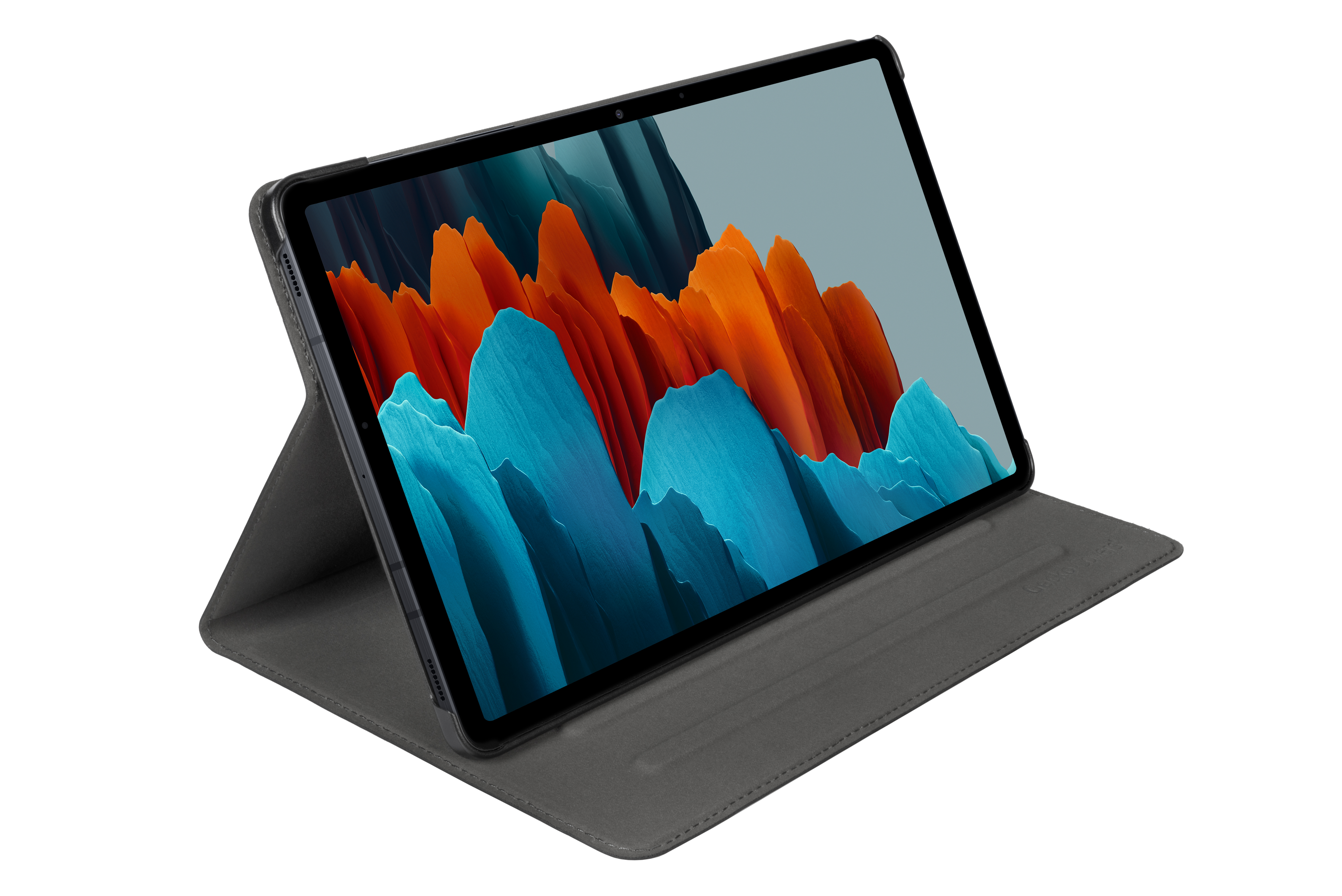 Tablet in grauem Gehäuse, aufgestellt. Zeigt den Bildschirm. Weißer Hintergrund, Winkelaufnahme.
