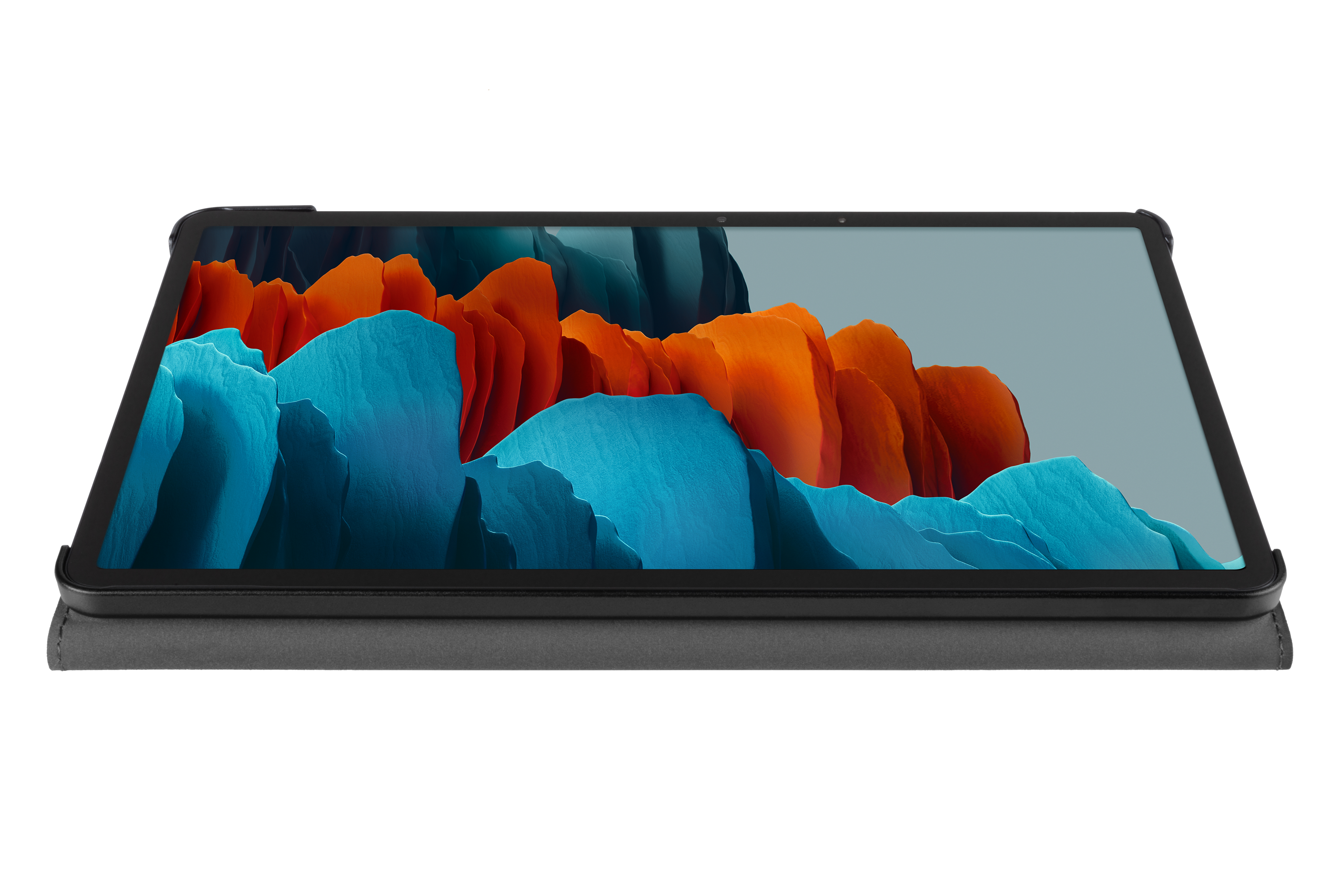 Ein Tablet in einem grauen Gehäuse, mit einem Bildschirm, der eine Landschaft aus Orange- und Blautönen zeigt.