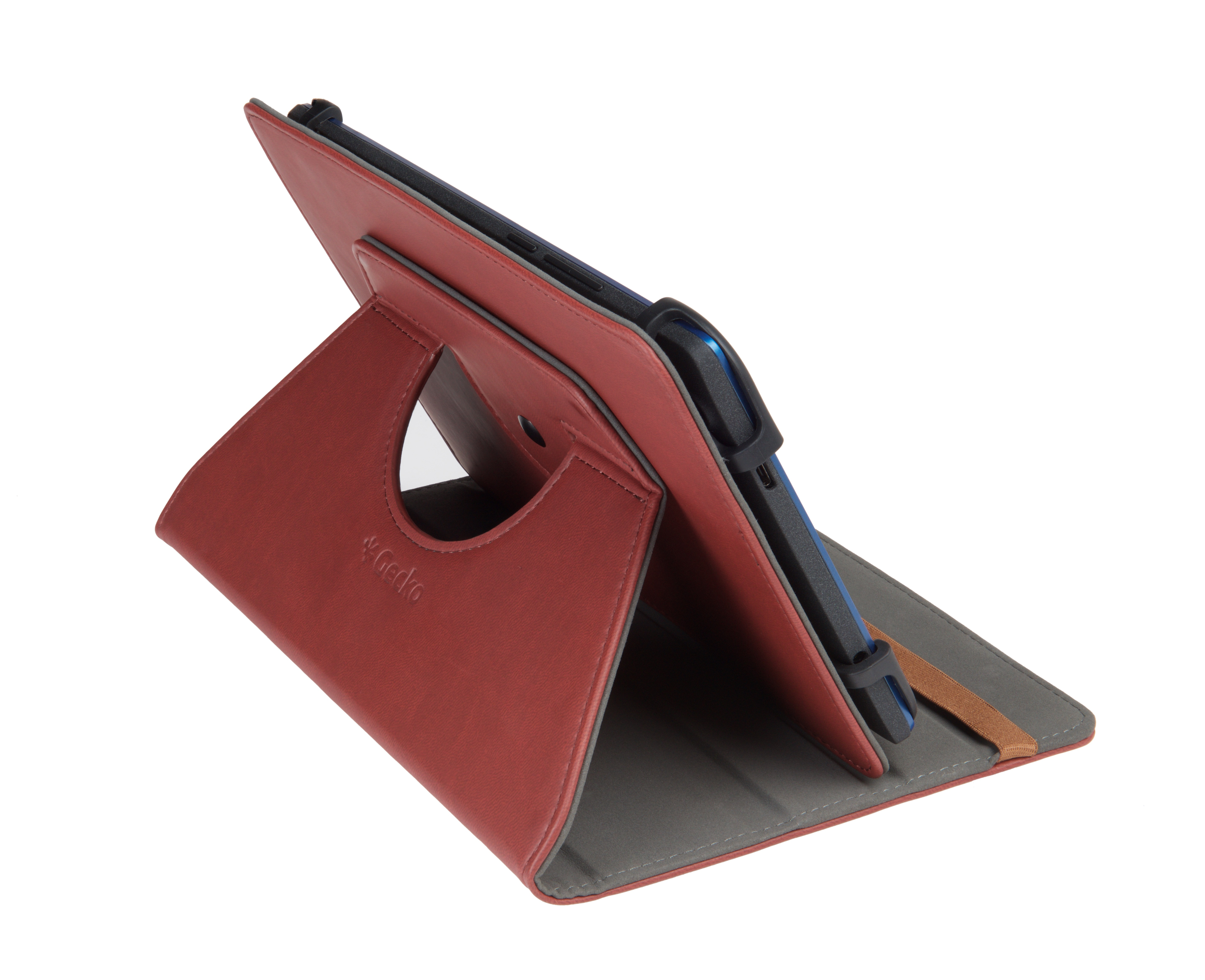 Rote Tablethülle mit Tablet darin, in offener, angewinkelter Position gezeigt.