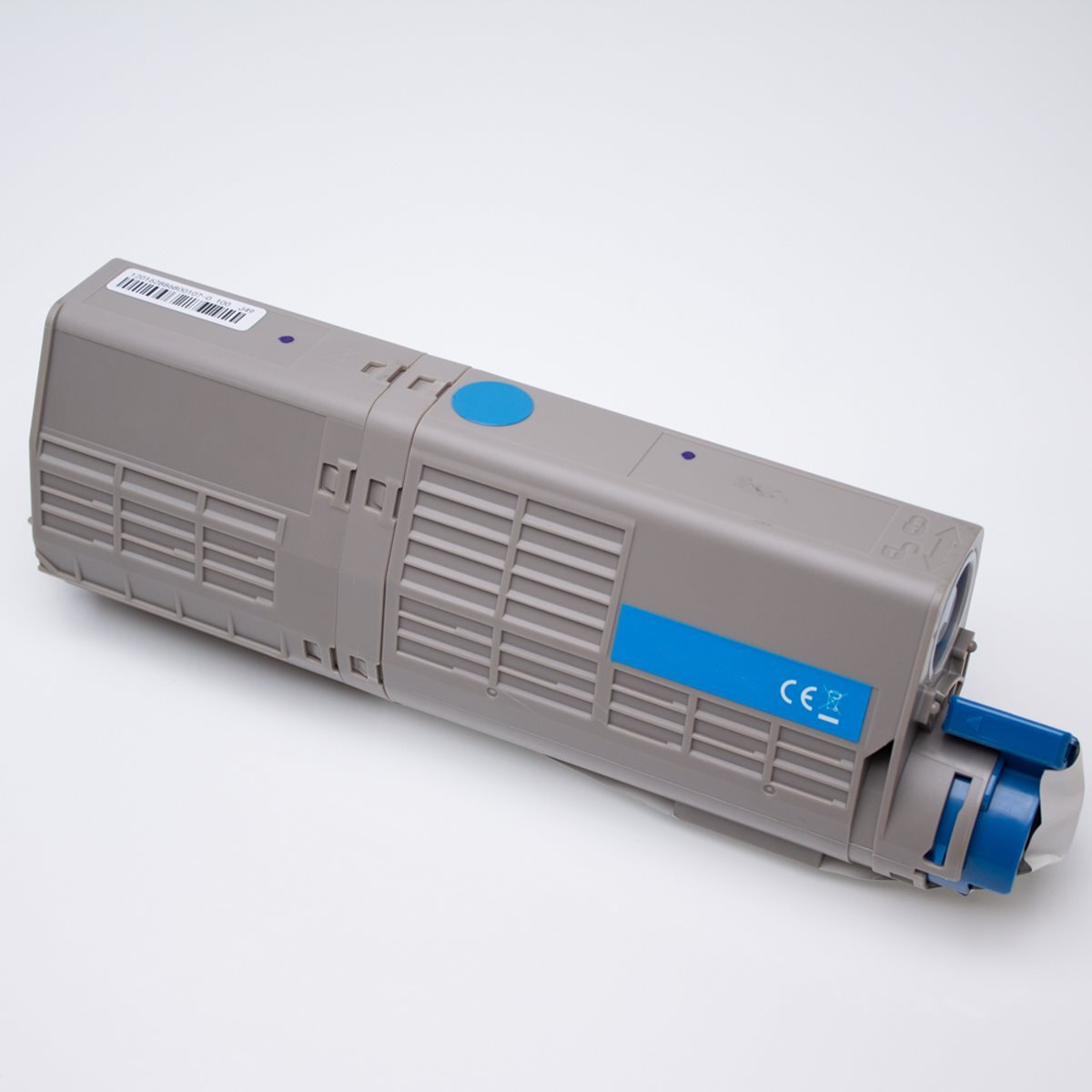 Una cartuccia toner grigia e blu, su sfondo bianco.