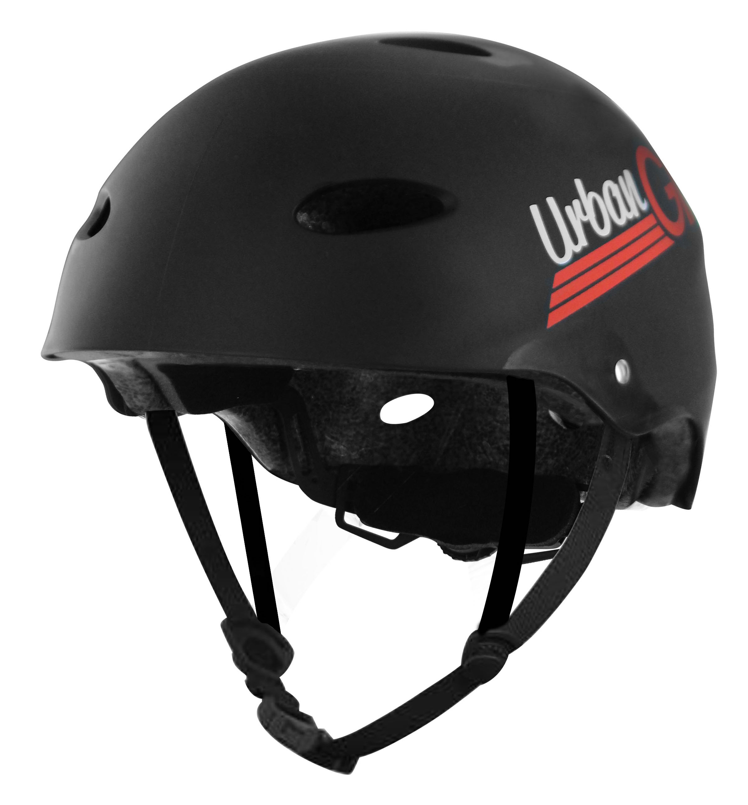 Casco negro. Diseño curvado, con logotipo Urban y rayas rojas. Correa de barbilla con hebilla.