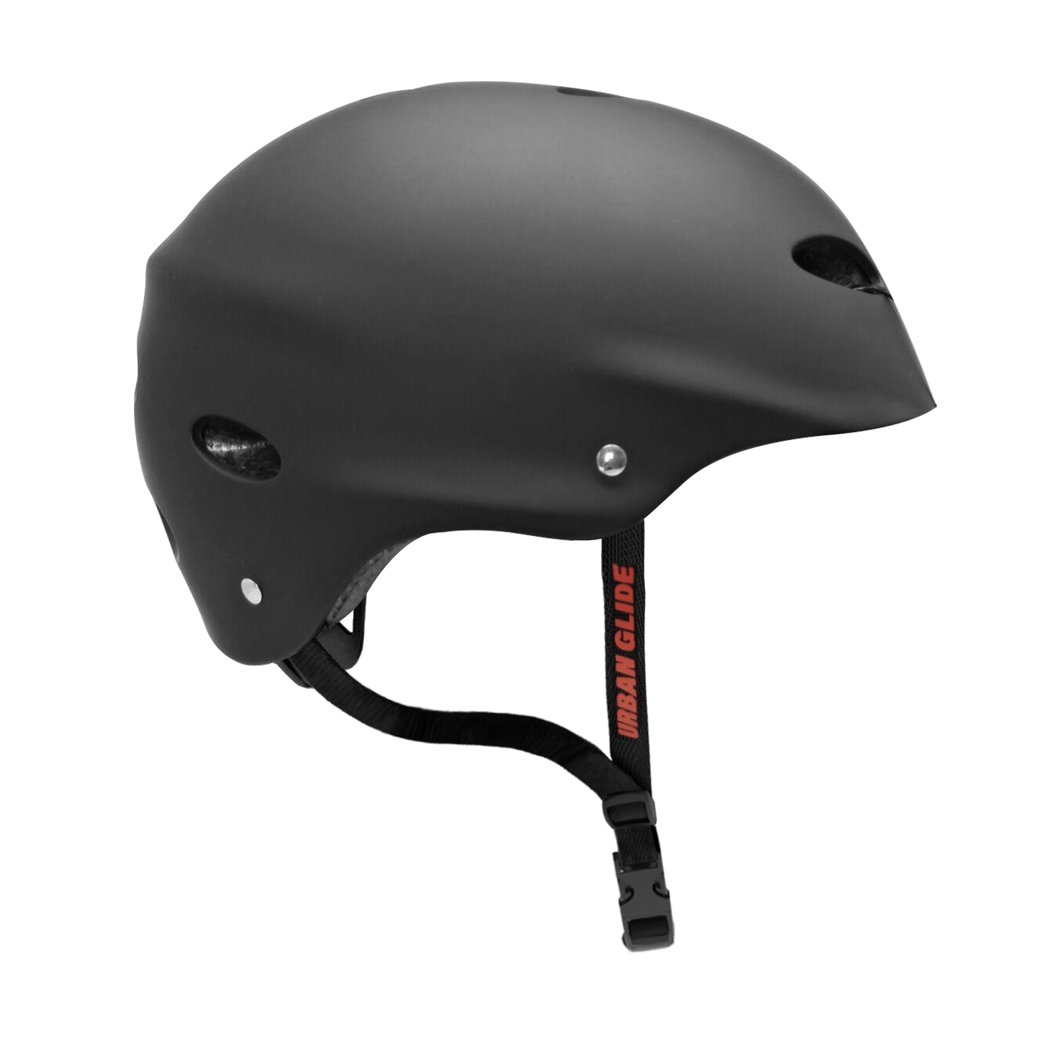 Un casco negro, con correa, diseñado para deslizamiento urbano, aislado sobre blanco.