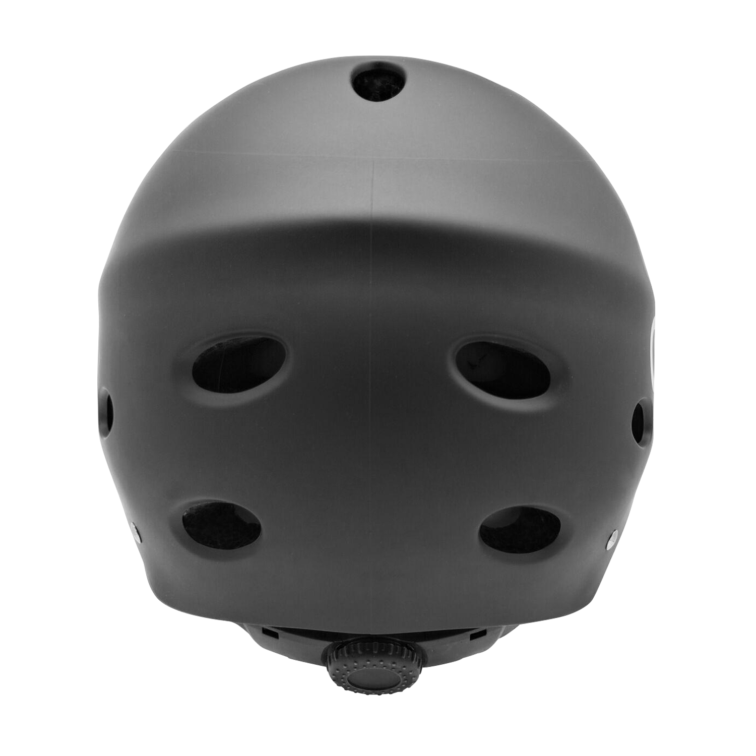 Casco negro, vista de cerca, mostrando la parte superior y trasera. Fondo blanco.