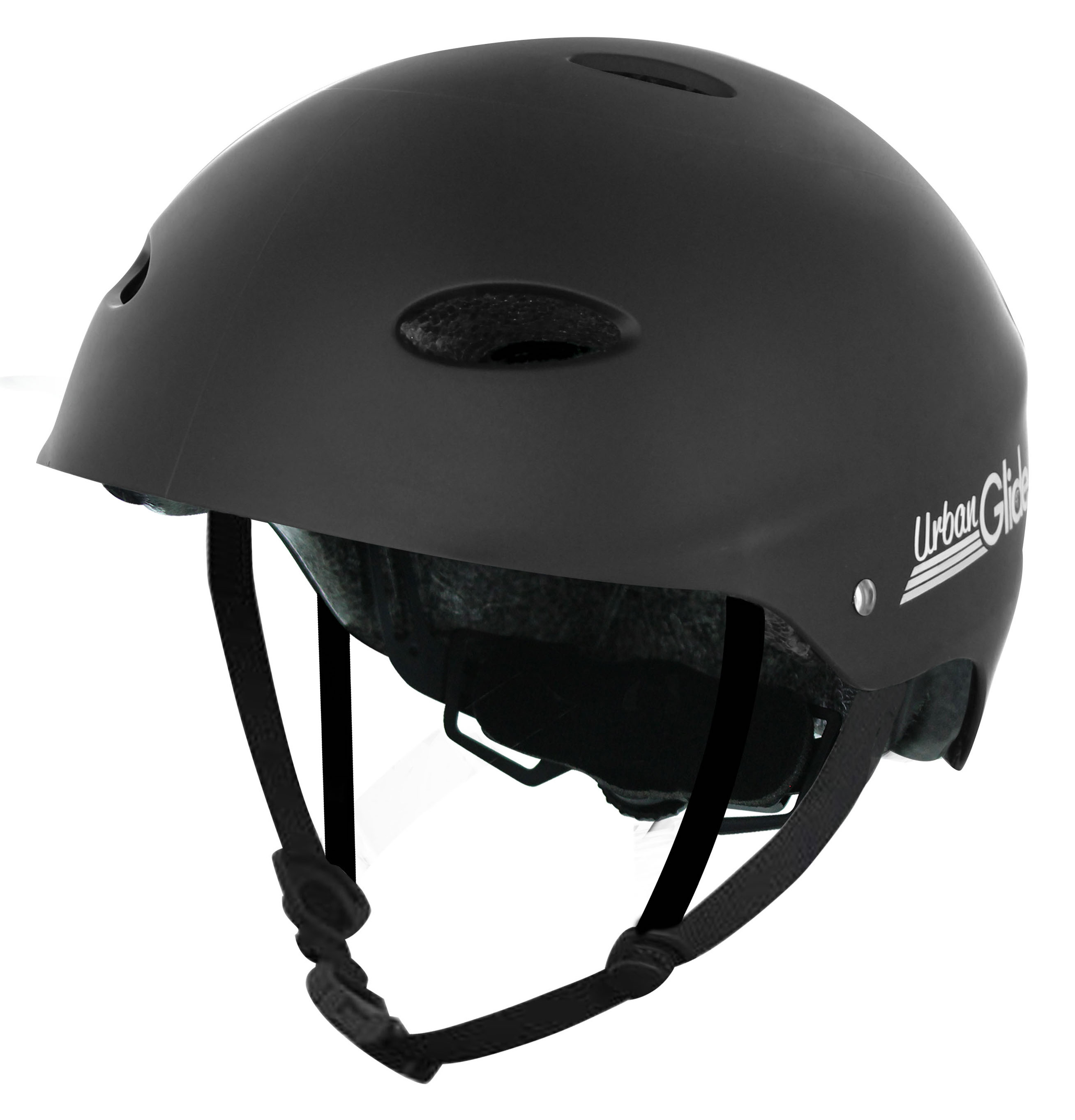 Casco negro con logo blanco, correas y hebillas negras.