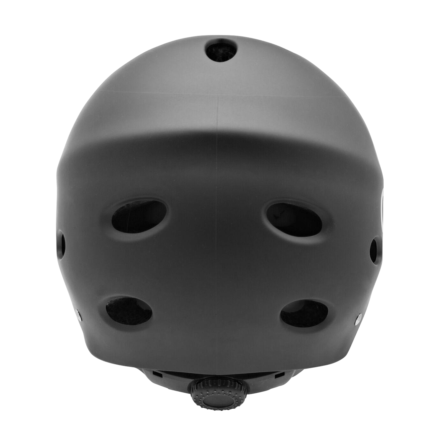 Casco negro, vista superior. Tiene orificios de ventilación y un dial de ajuste.