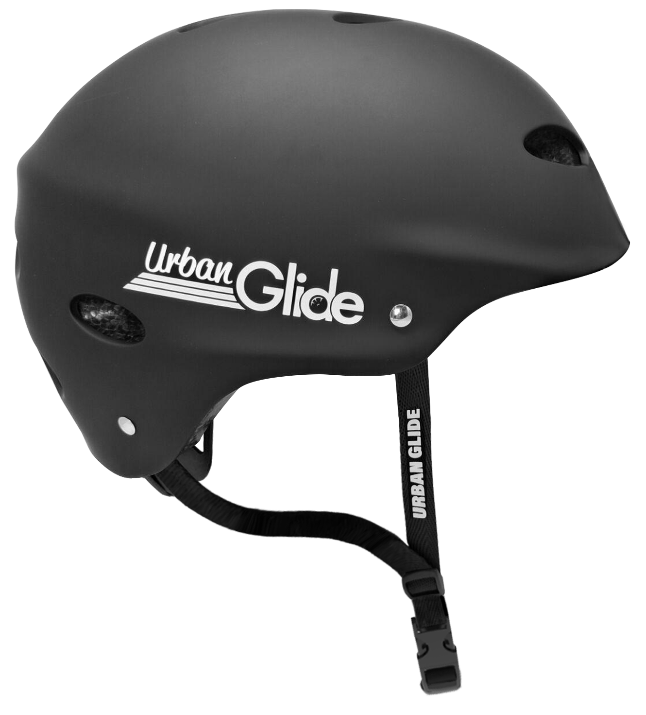 Un casco negro con el texto 'Urban Glide' en blanco y una correa.