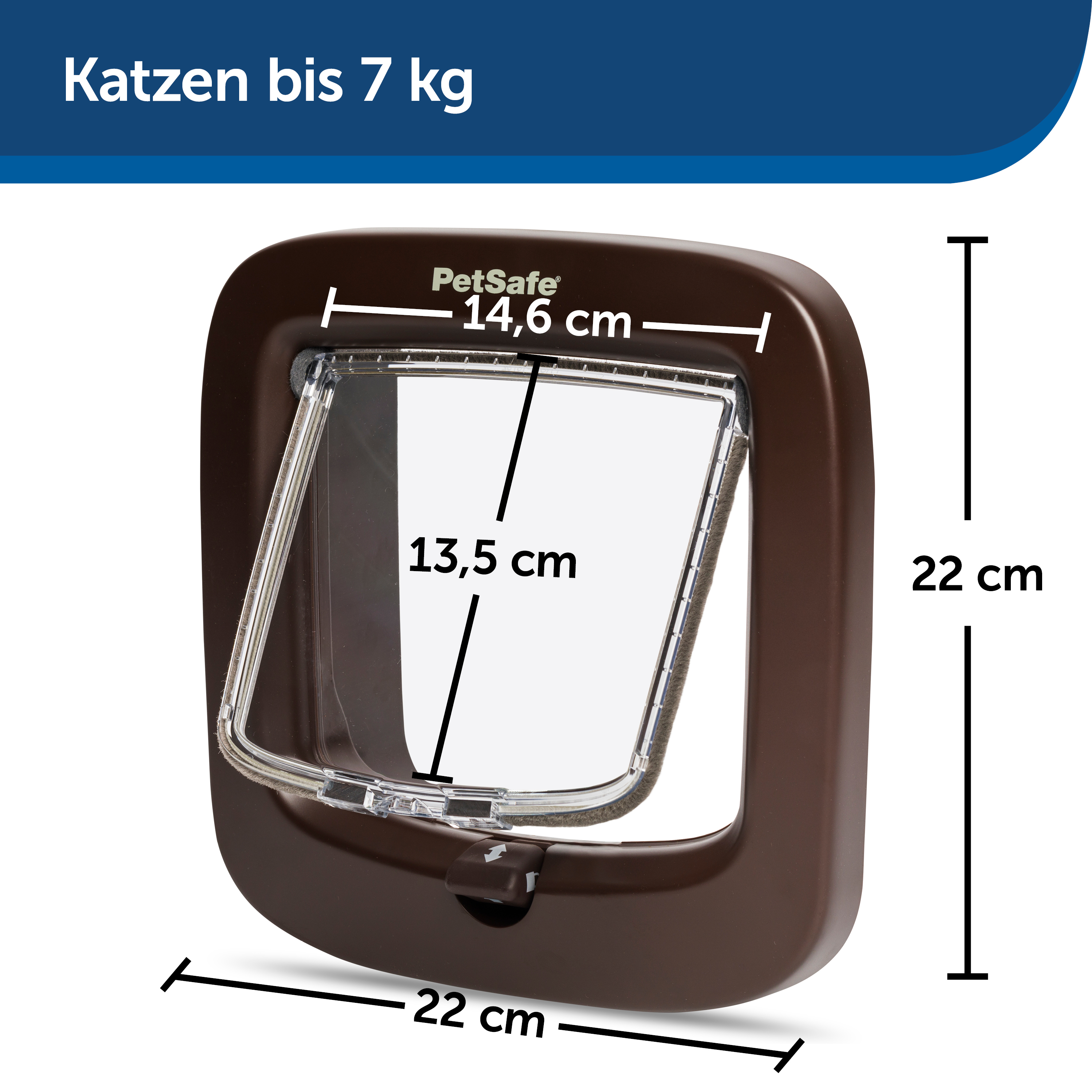 Braune Katzentür mit Maßen. Klare Klappe, brauner Rahmen. Text: 'Katzen bis 7 kg'.