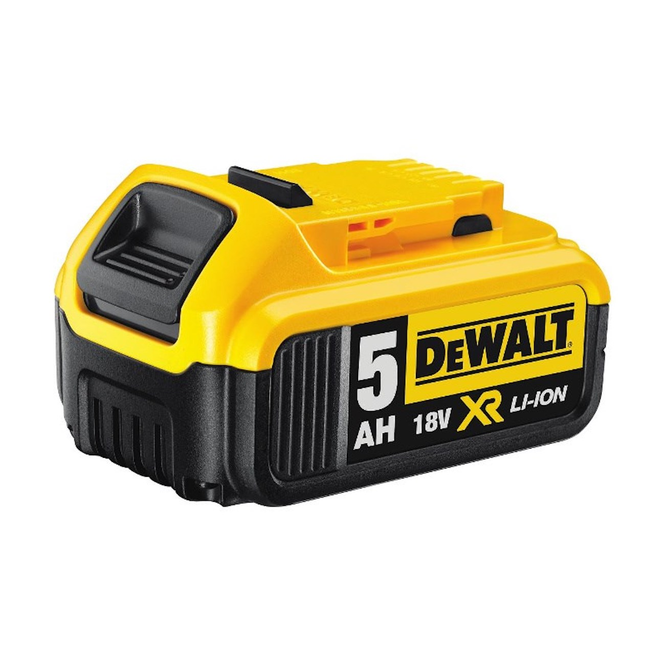 Żółto-czarna bateria Dewalt 5AH 18V XR Li-Ion na białym tle.