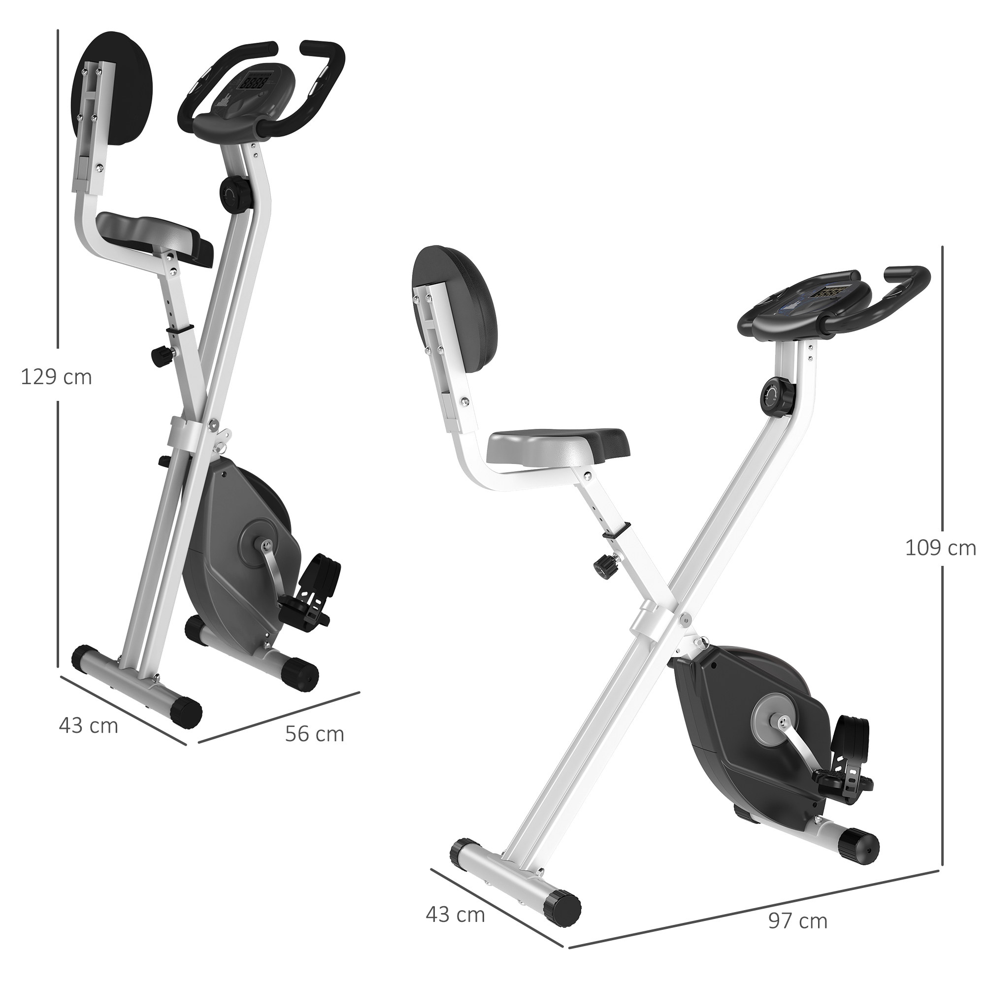 Klappbarer Heimtrainer mit digitaler Anzeige, Sitz und verstellbarem Lenker.