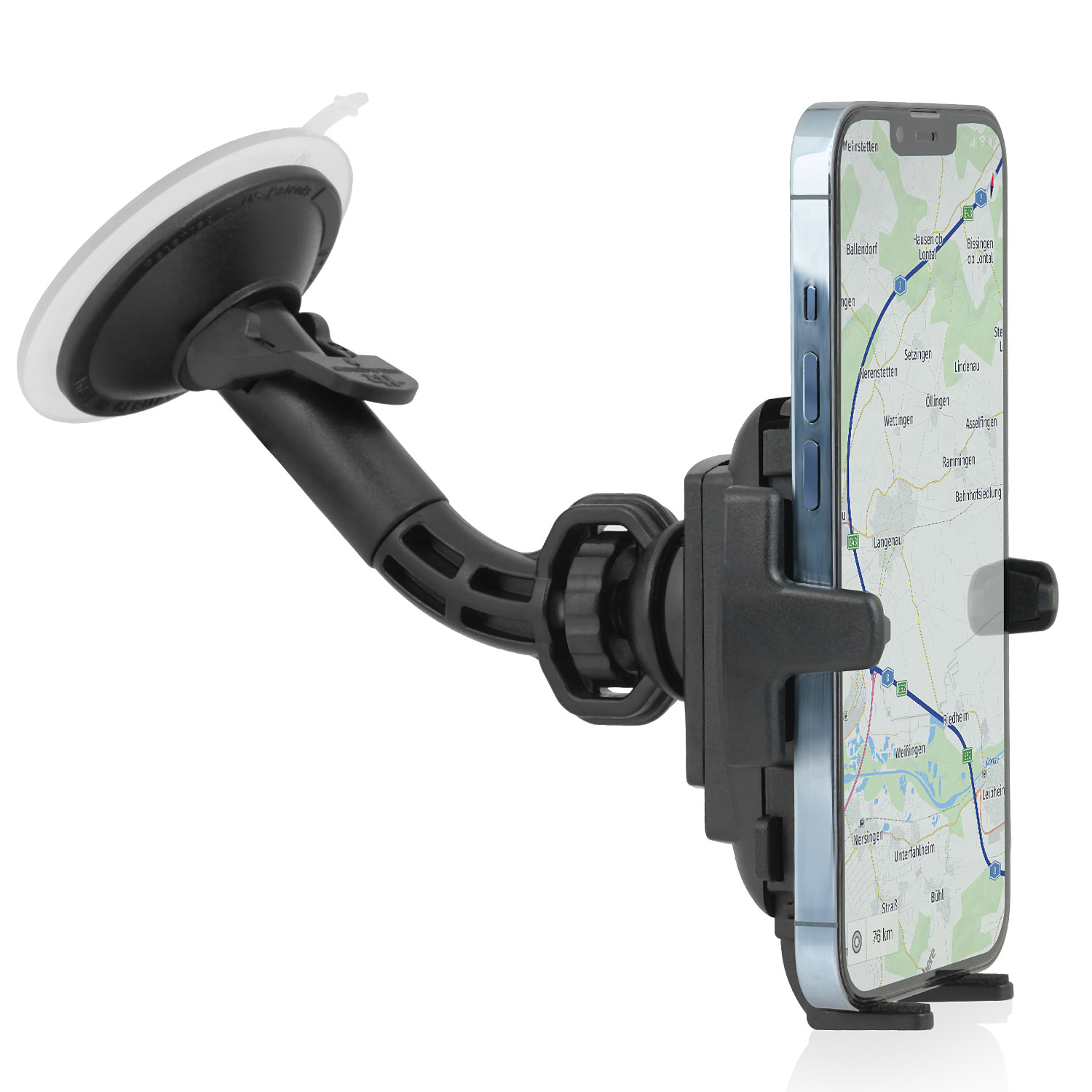 Telefon in Autohalterung. Bildschirm zeigt Navigationskarte. Saugnapf links.
