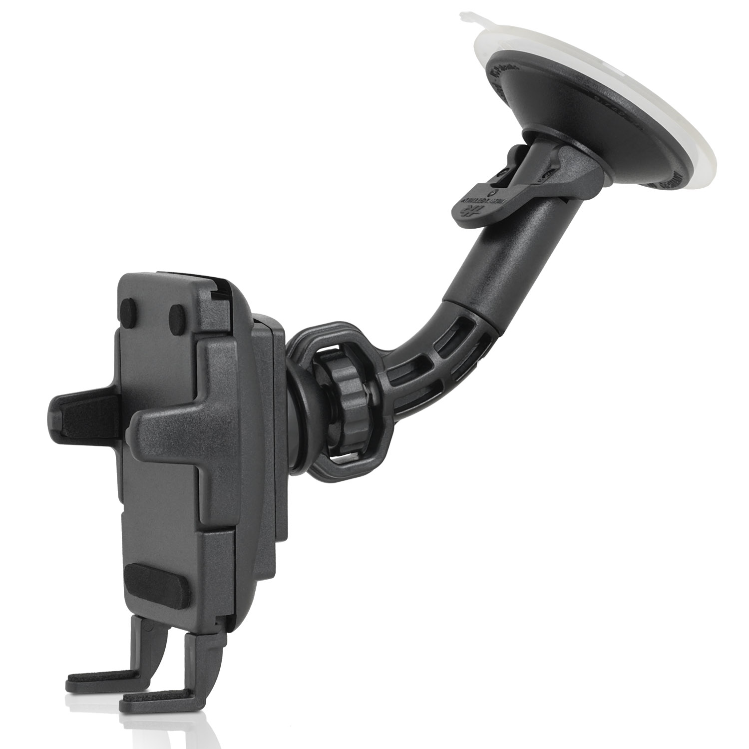 Schwarzer Telefonhalter für ein Auto mit Saugnapf und Arm.