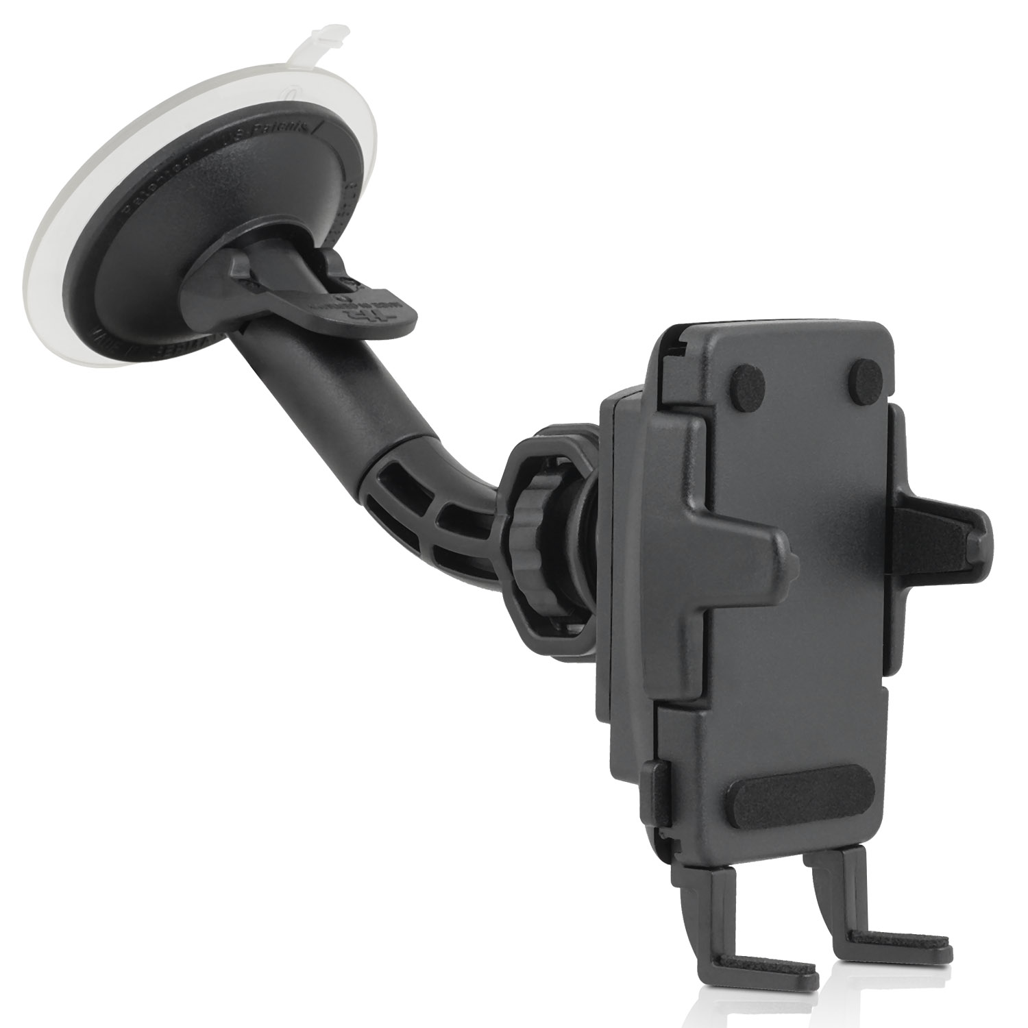 Schwarzer und silberner Autotelefonhalter mit Saugnapfbasis.
