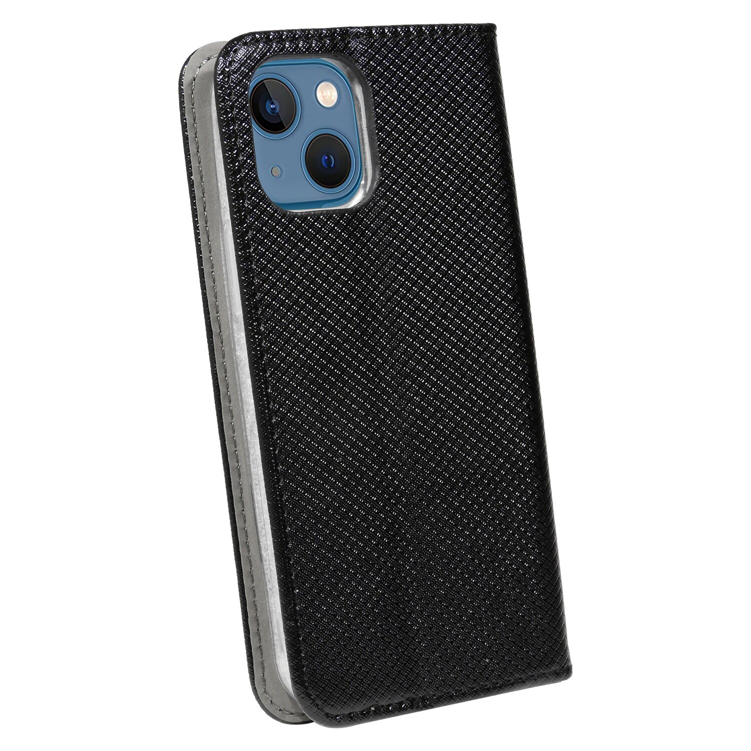 Telefono nero con fotocamera in custodia strutturata aperta e angolata, su sfondo bianco.