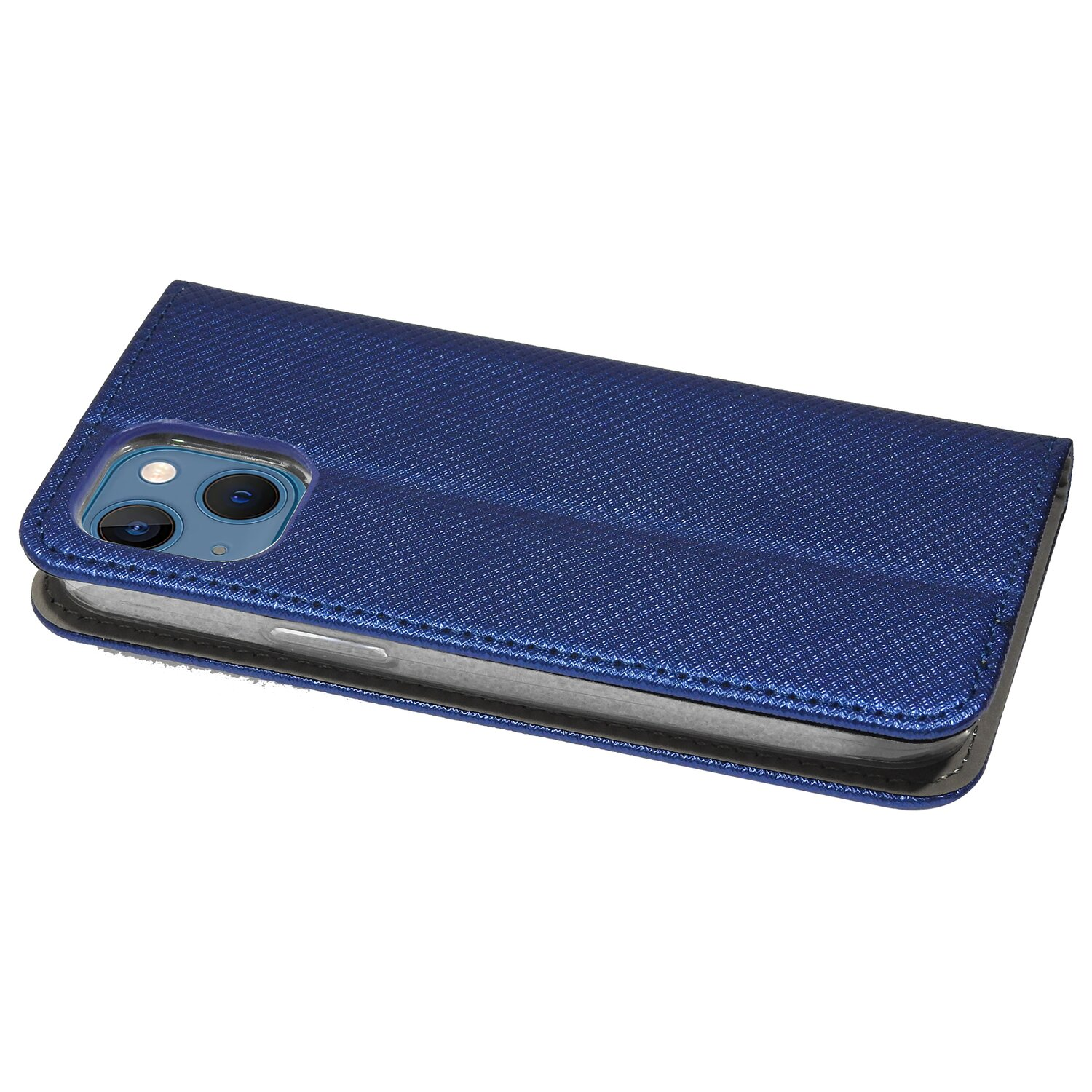 Blaue Handyhülle mit Telefon, geöffnet, auf weißer Oberfläche.