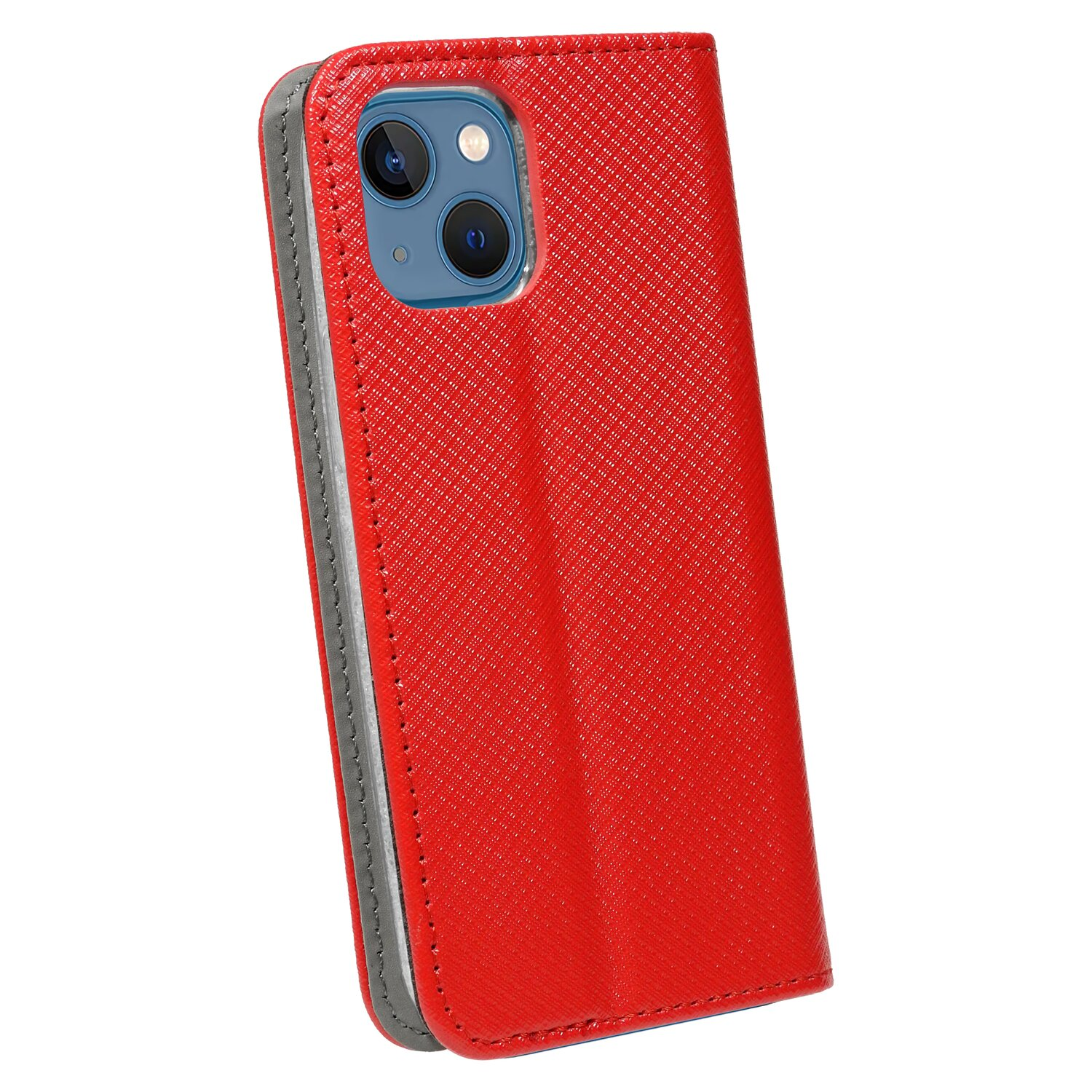 Rote Leder-Handyhülle mit geschlossenem Design. Sie hat eine Kameraaussparung.