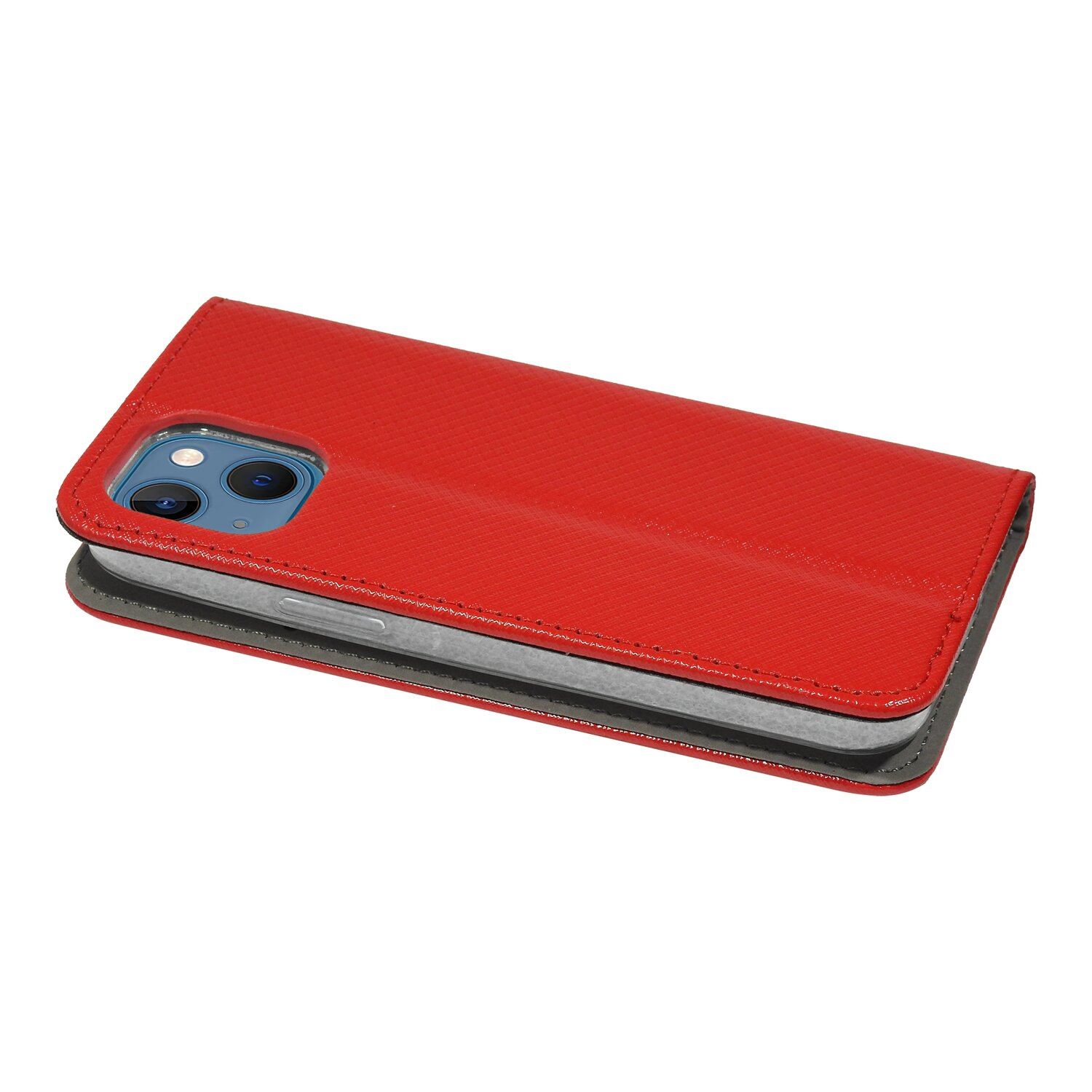 Rote Leder-Handyhülle mit einem Telefon darin. Sie ist rot und hat einen Kameraausschnitt.