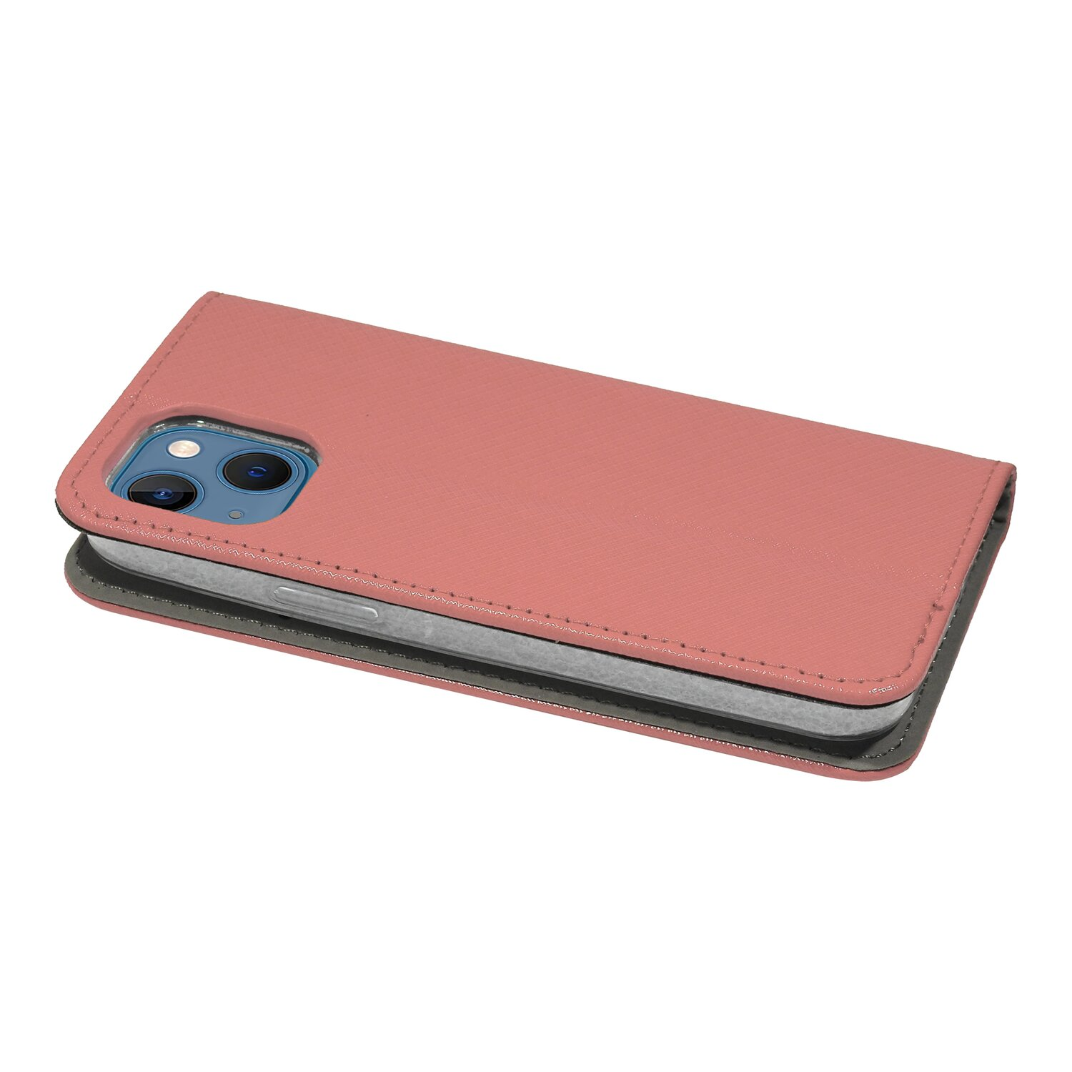 Eine rosa Handyhülle mit Telefon darin auf weißem Hintergrund.