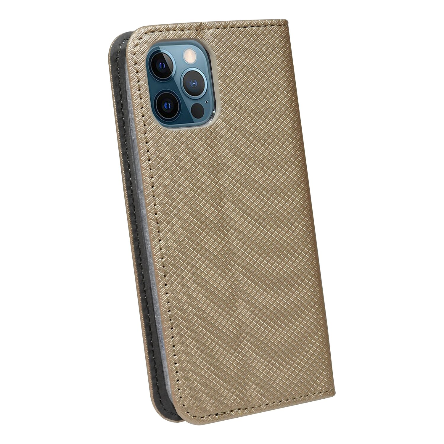 Una custodia per telefono dorata in posizione aperta, che mostra una fotocamera del telefono.